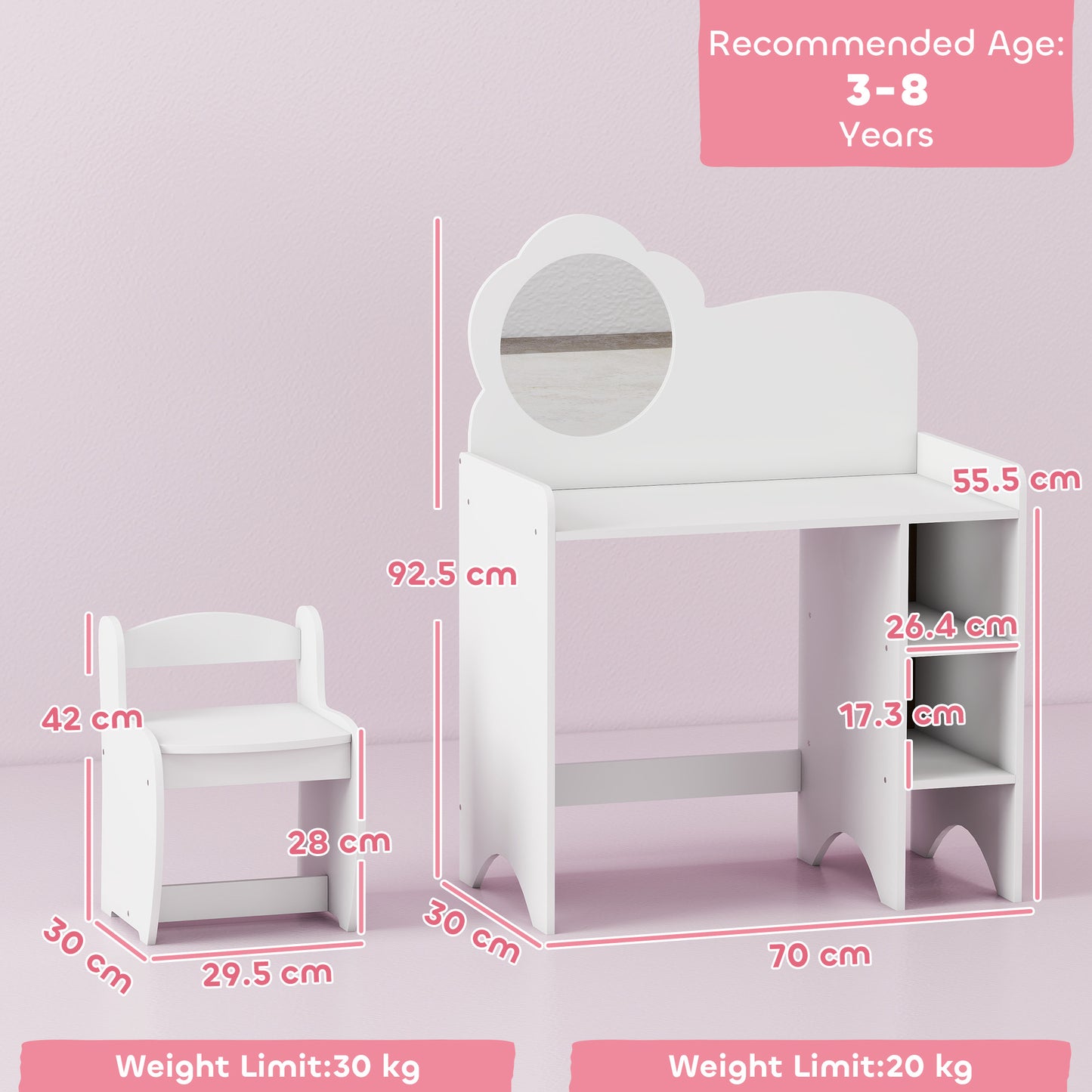 AIYAPLAY Kids Dressing Table With Mirror And Stool Vanity Table With Shelves For Ages 3 To 8 White