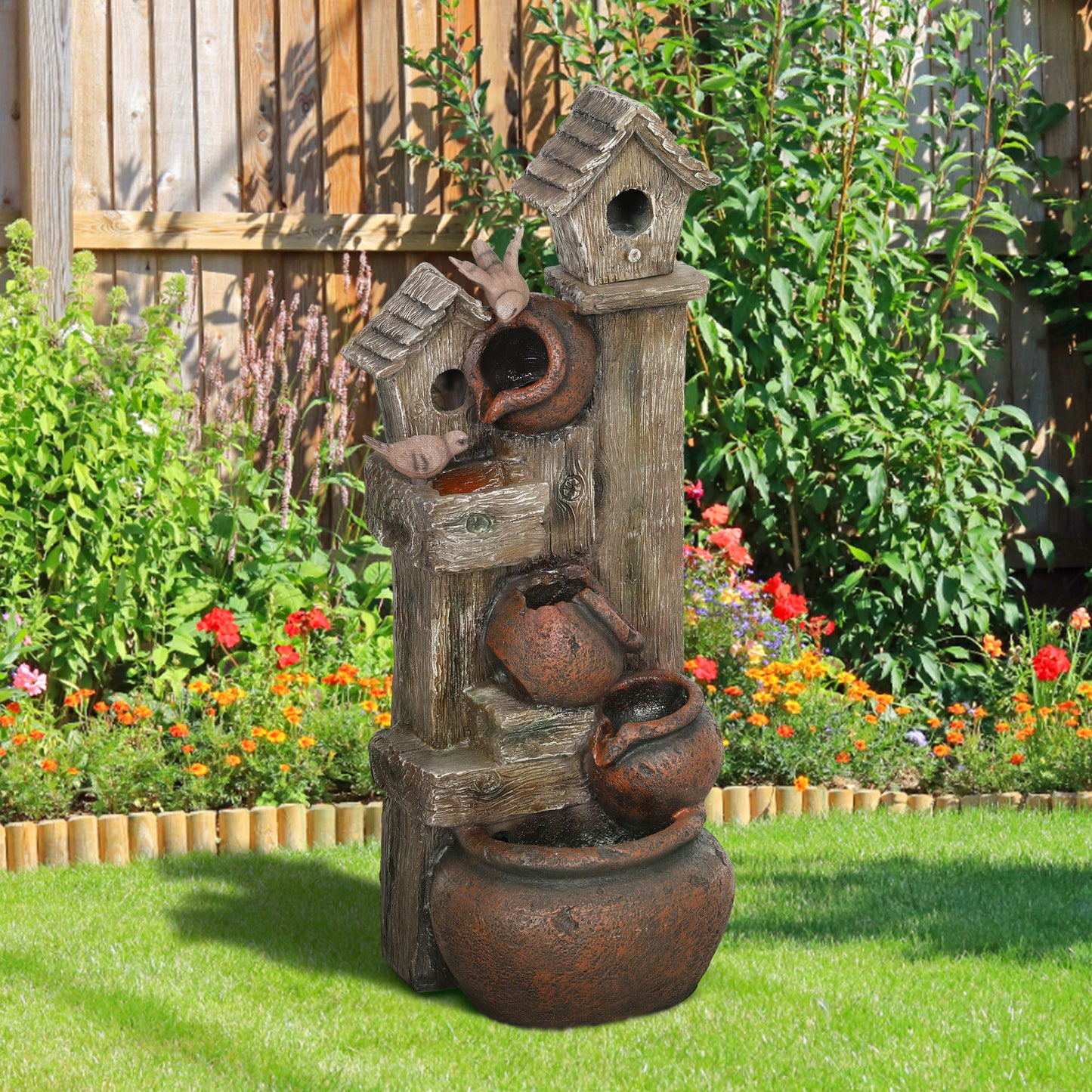 Outsunny 2 In 1 Waterfall Fountain With Birdhouse Resin Garden Water Feature LED Lights Pump Tree Trunk Design
