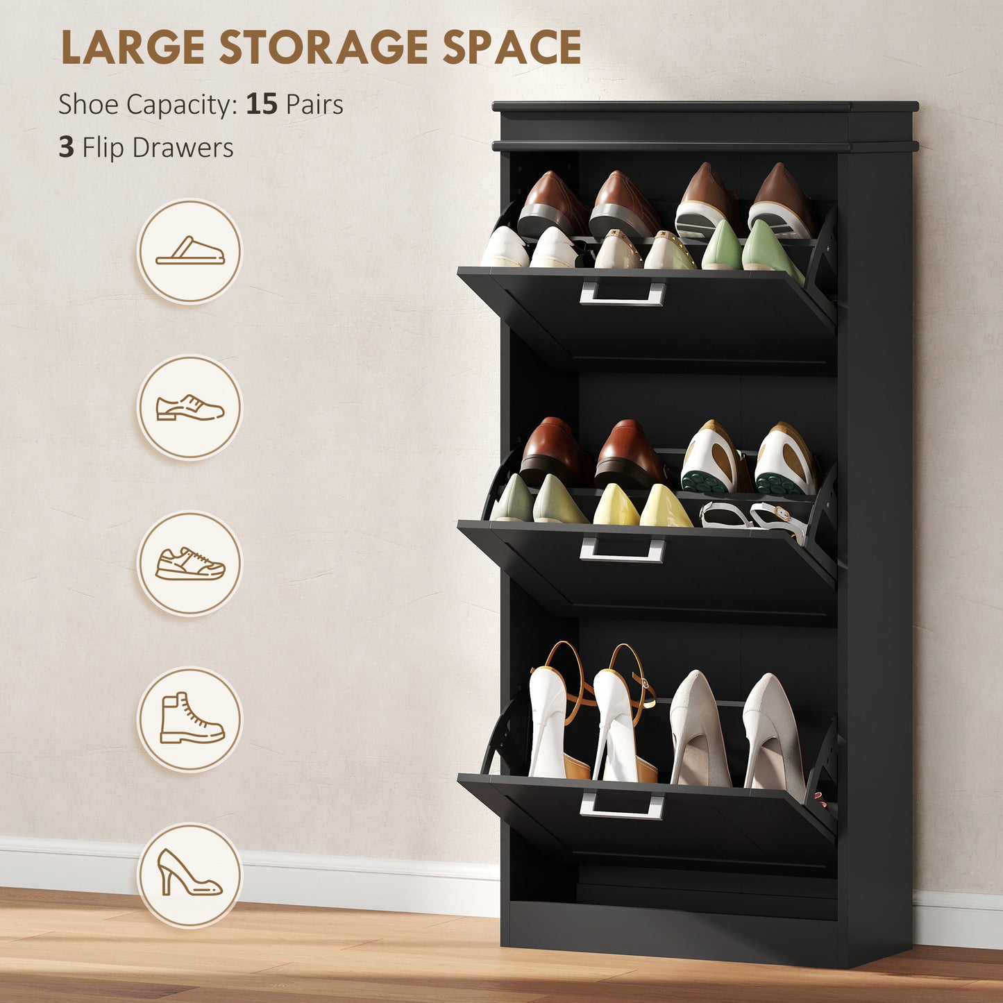 HOMCOM Narrow Three Drawer Minimalistic Shoe Cabinet Black With Adjustable Shelves Fits 15 Pairs