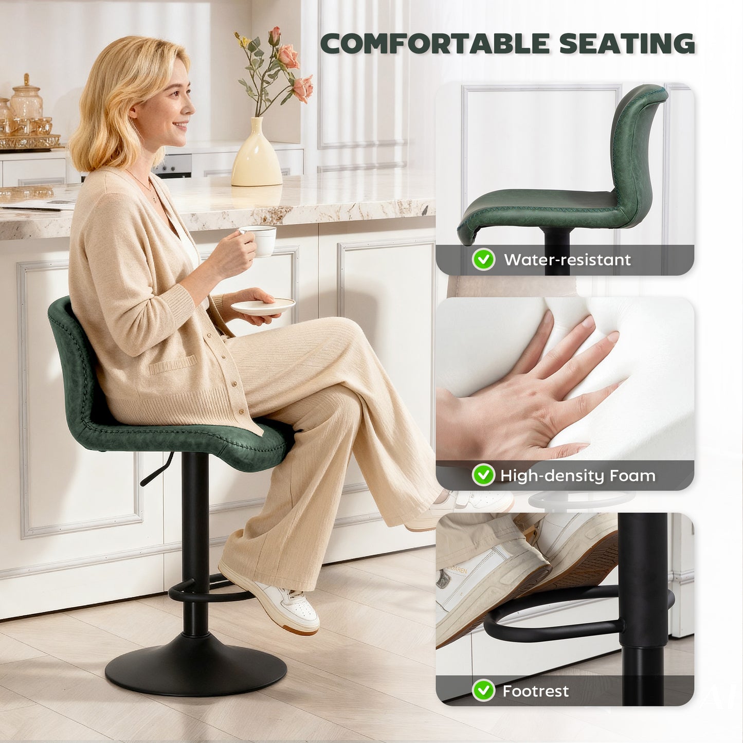 HOMCOM Bar Stools Set Of 2 Green PU Leather Backrest And Footrest Adjustable Breakfast Bar Kitchen Counter Barstools