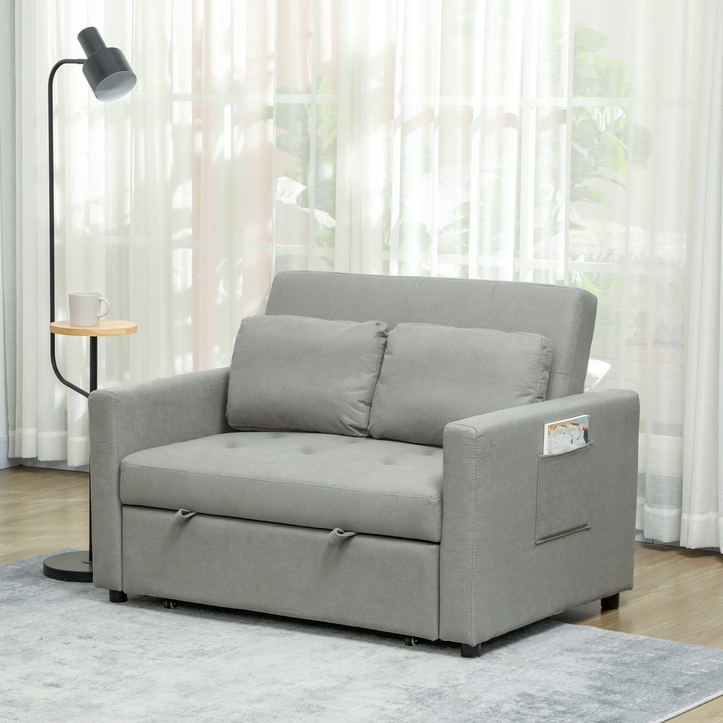 HOMCOM Loveseat Sofa Bed Convertible Settee With 2 Pillows And Side Pockets Light Grey