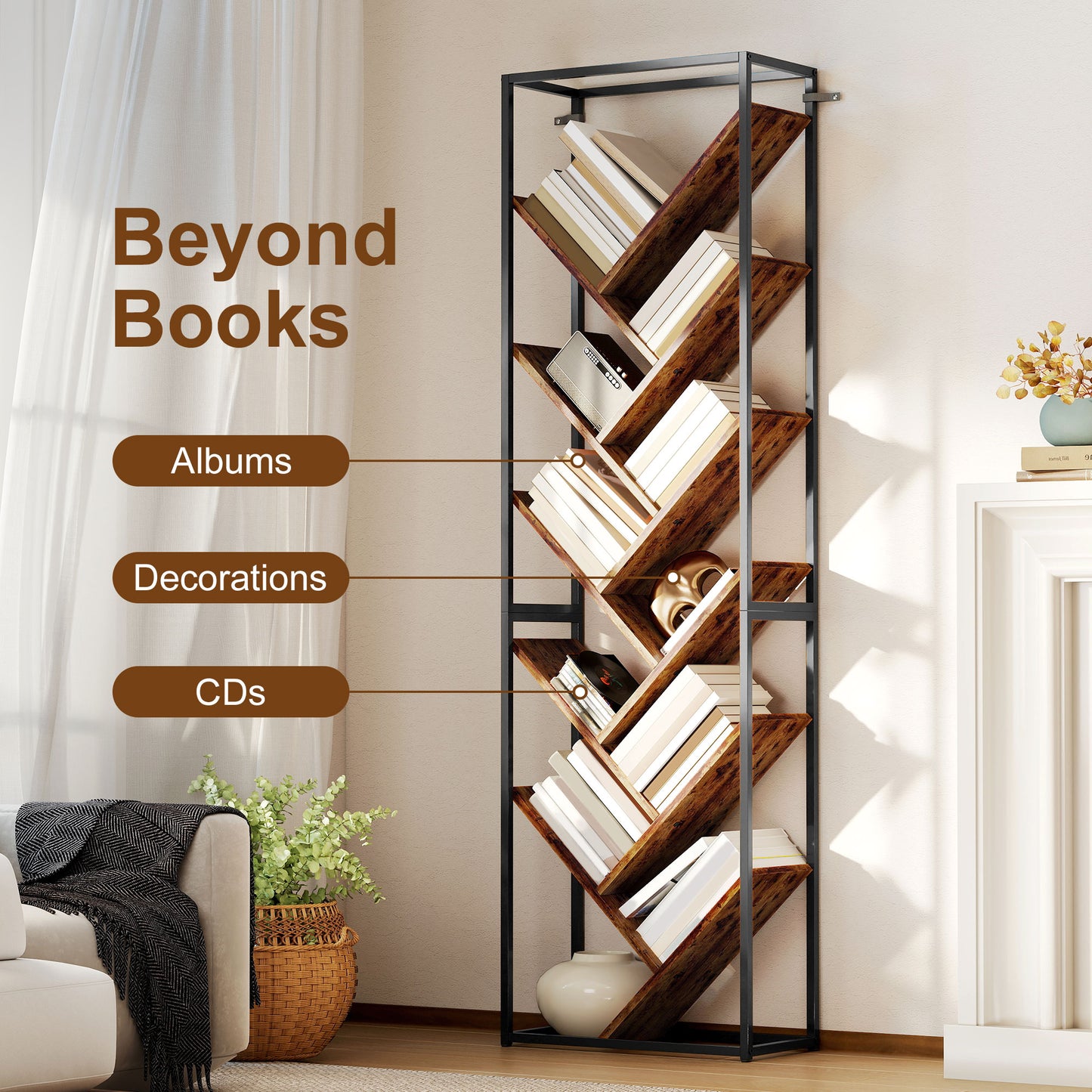HOMCOM 10 Shelf Industrial Style Tree Bookshelf With Metal Frame Black And Brown