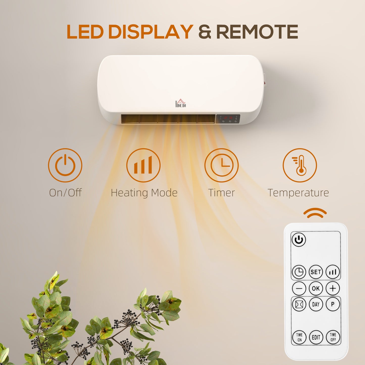 HOMCOM 2000W Wall Mounted Ceramic Space Heater with 10-49°C Adjustable Temperature in White, Three Modes: Fan, Low, High