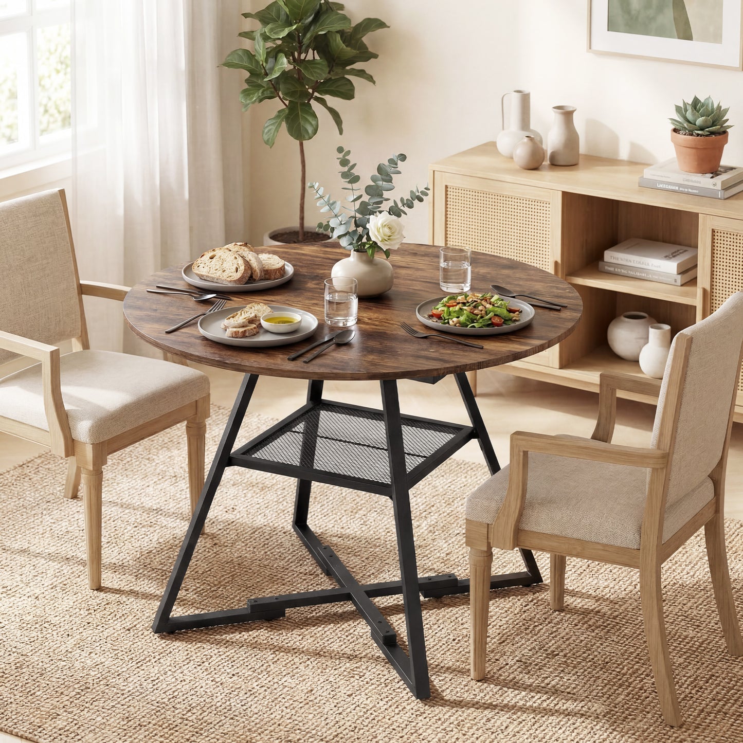 HOMCOM Round Dining Table 100 Cm Seats 4 With Storage Shelf Rustic Brown Industrial Design