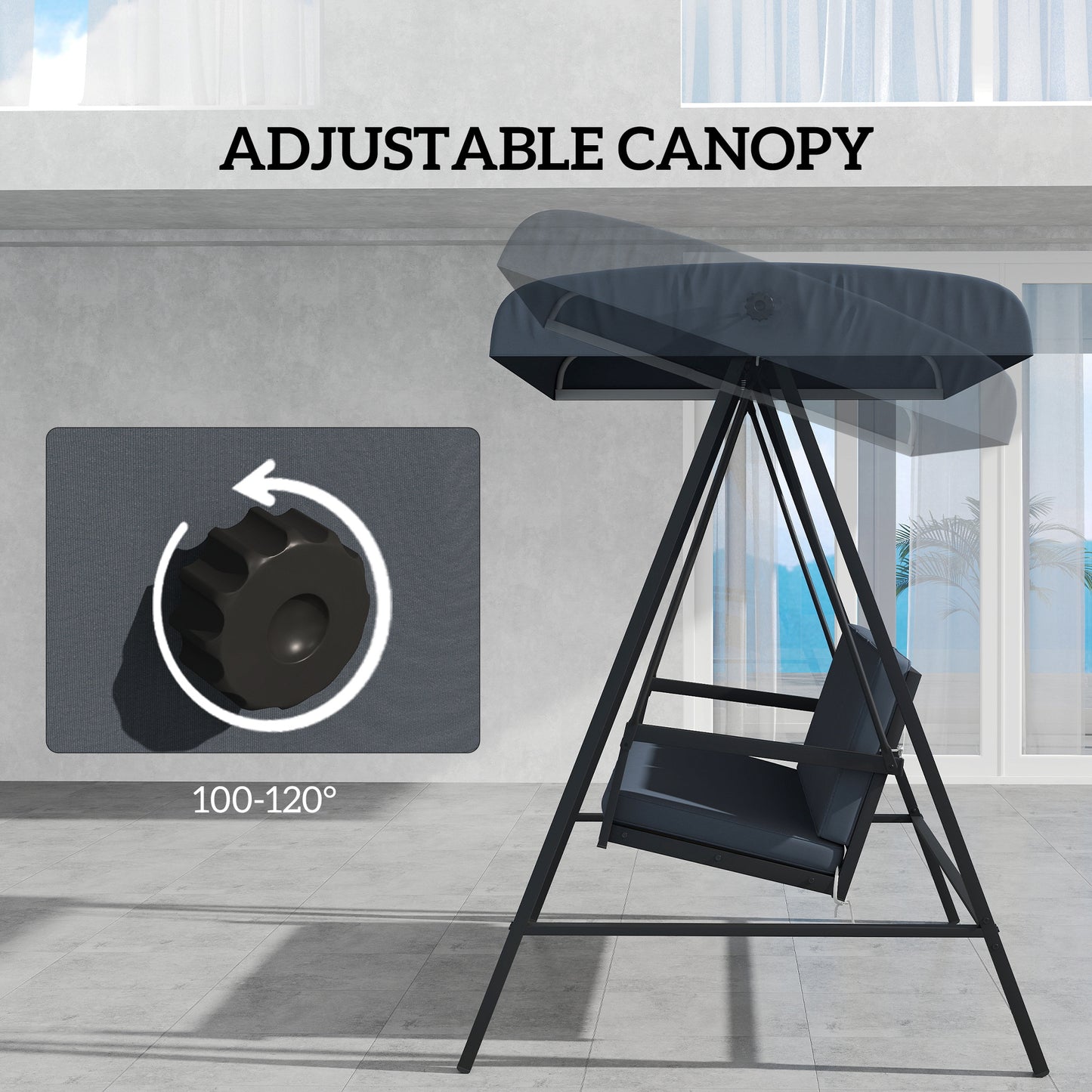 Outsunny Three Seat Garden Swing Chair with Adjustable Canopy Dark Gray Outdoor Patio Cushioned Bench for Three People