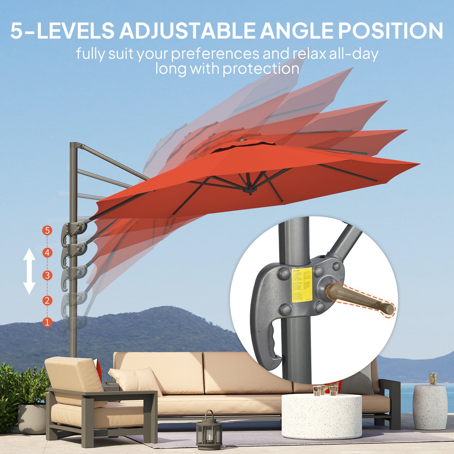Outsunny Five Position Overhanging Cantilever Parasol Orange With Aluminum Frame And 360 Degree Rotation