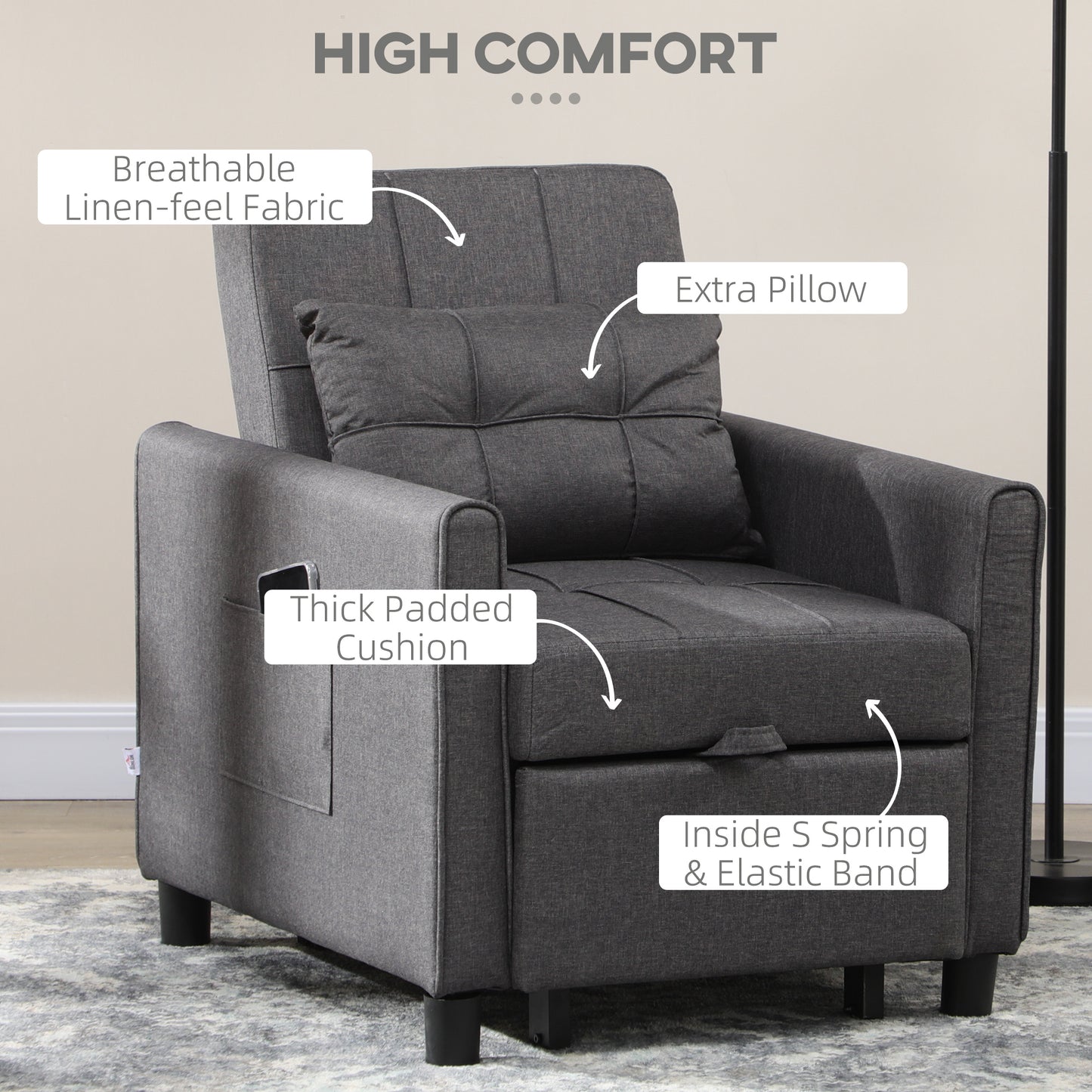 HOMCOM Convertible Sleeper Chair with Adjustable Backrest and Storage Pockets, Grey - ALL4U RETAILER LTD