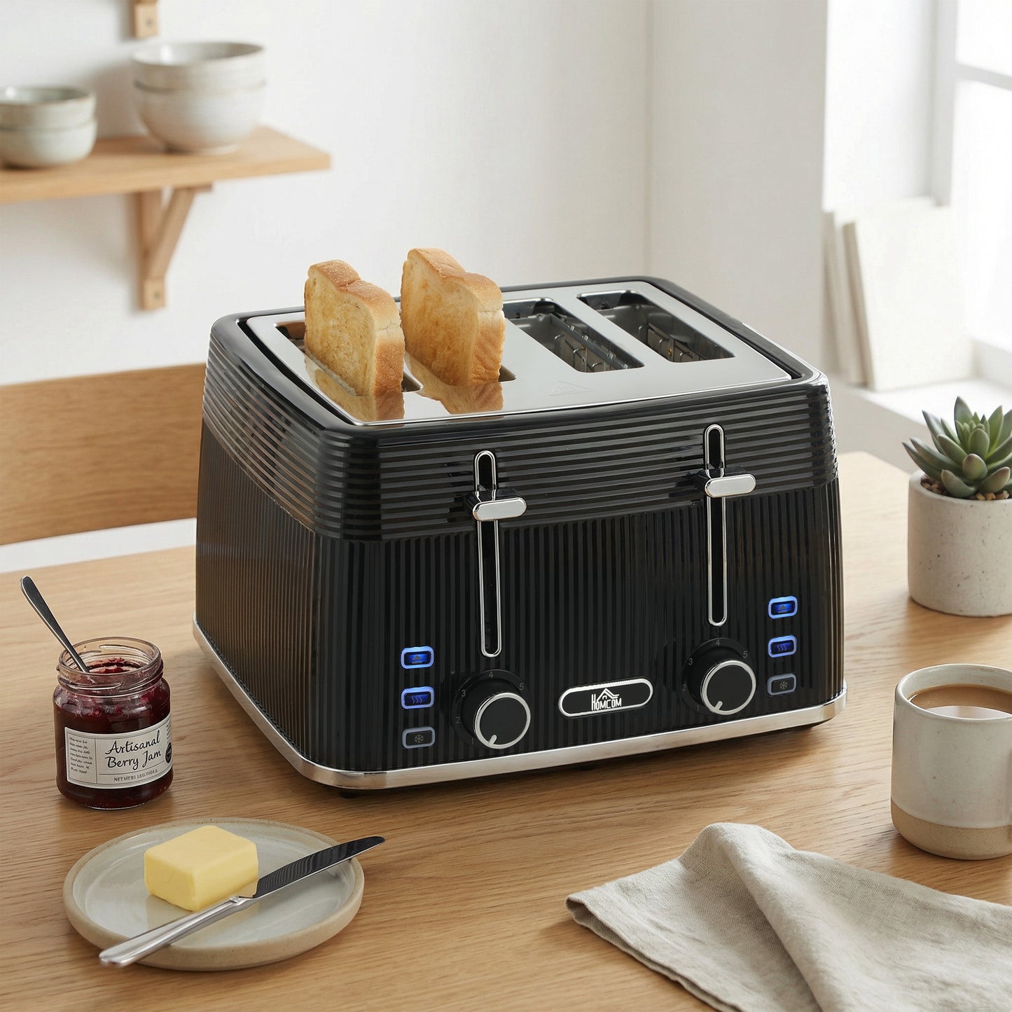 HOMCOM 4 Slice Toaster With 7 Browning Levels Dual Controls Removable Crumb Tray Black