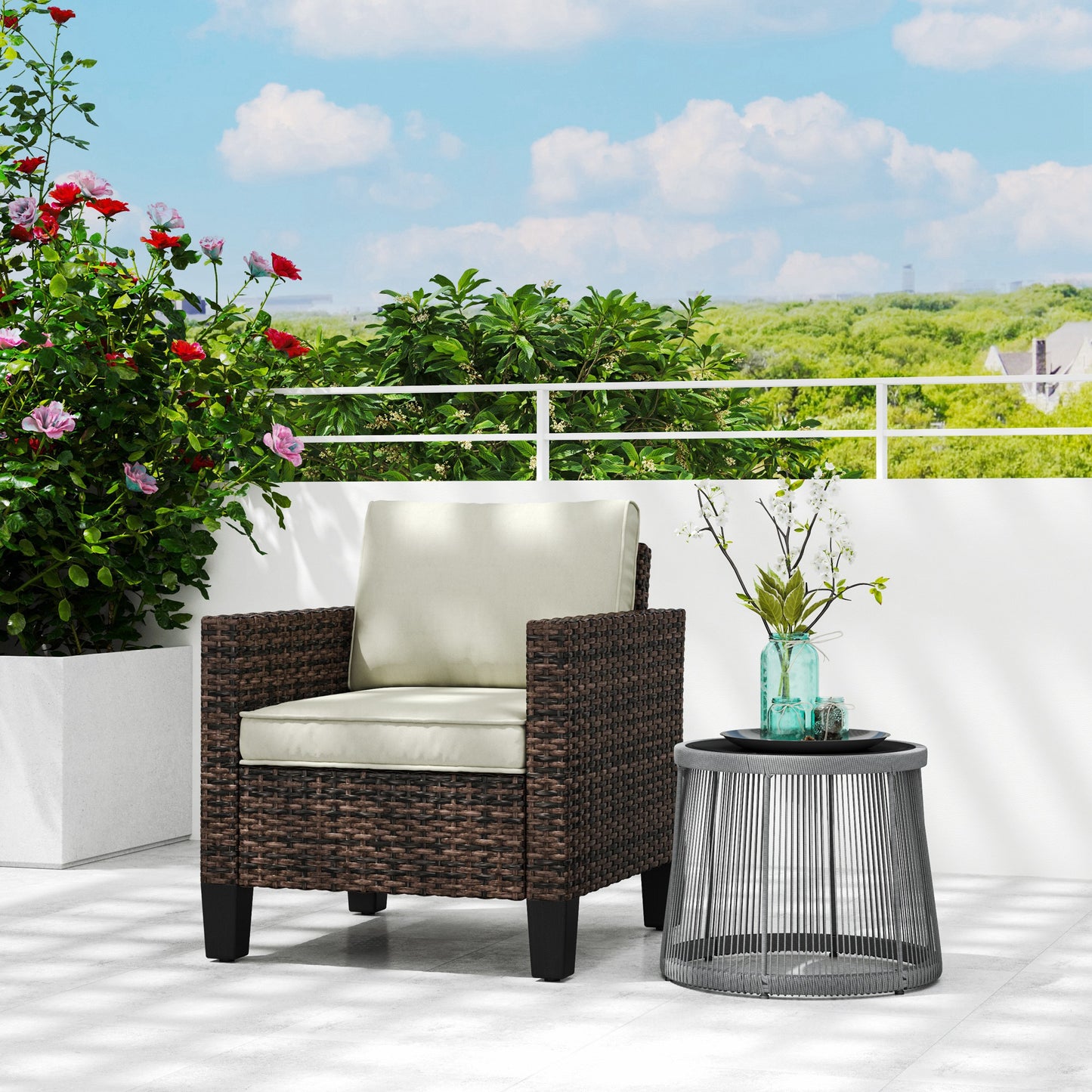 Outsunny Single Rattan Armchair With Cushions Brown Outdoor Garden Lounge Chair Removable Washable Cushion Covers