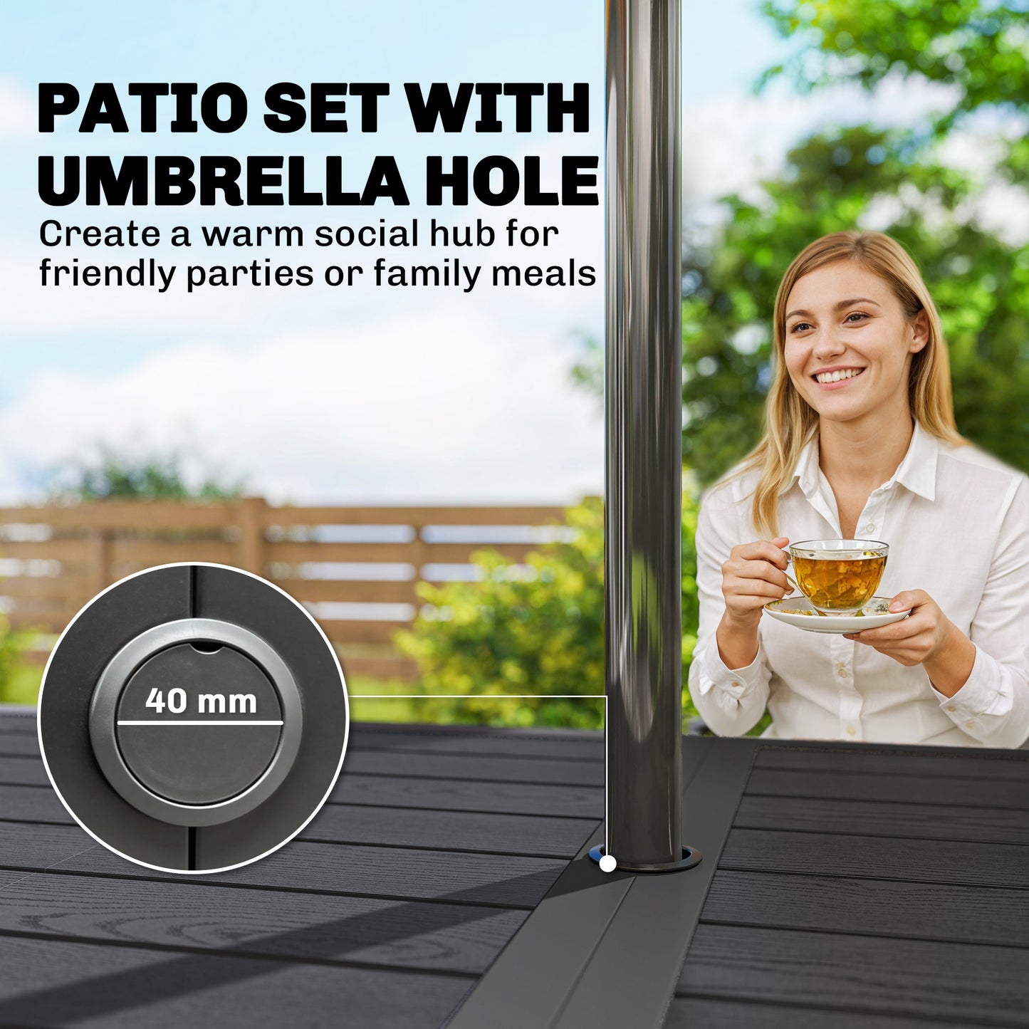 Outsunny Outdoor Garden Dining Set For Six With Faux Wood Table And Stackable Metal Chairs Rattan Effect Seats Black