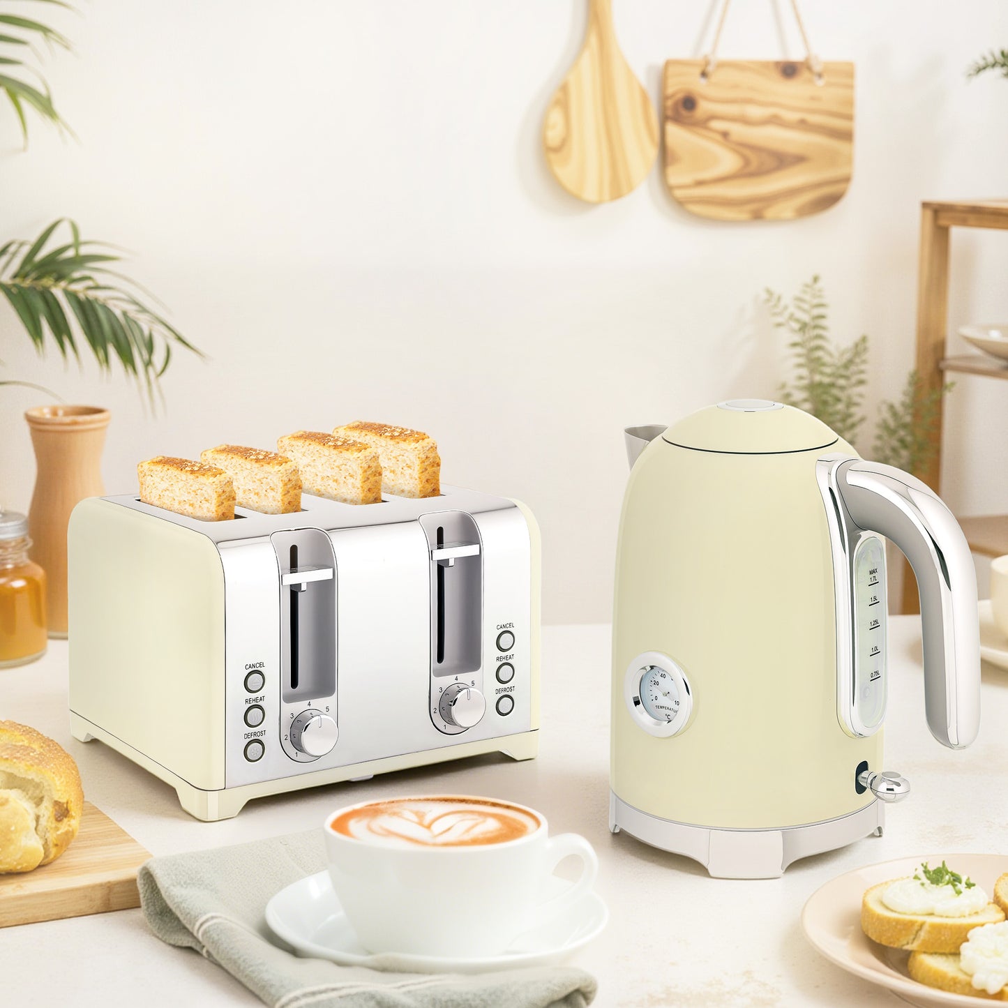 HOMCOM Retro 3000W Kettle And Toaster Set Cream Vintage Style Kitchen Appliances