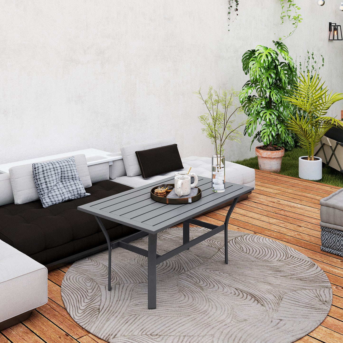 Outsunny Metal Garden Coffee Table Rectangular Outdoor Side Table With Slatted Tabletop 91.5 x 55 x 45 cm Dark Grey