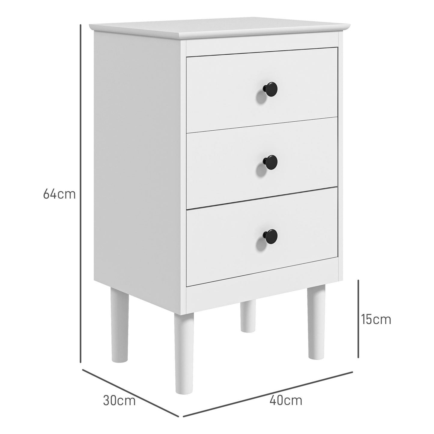 HOMCOM White Set Of Two Three Drawer Bedside Tables With Black Handles For Nightstand Storage