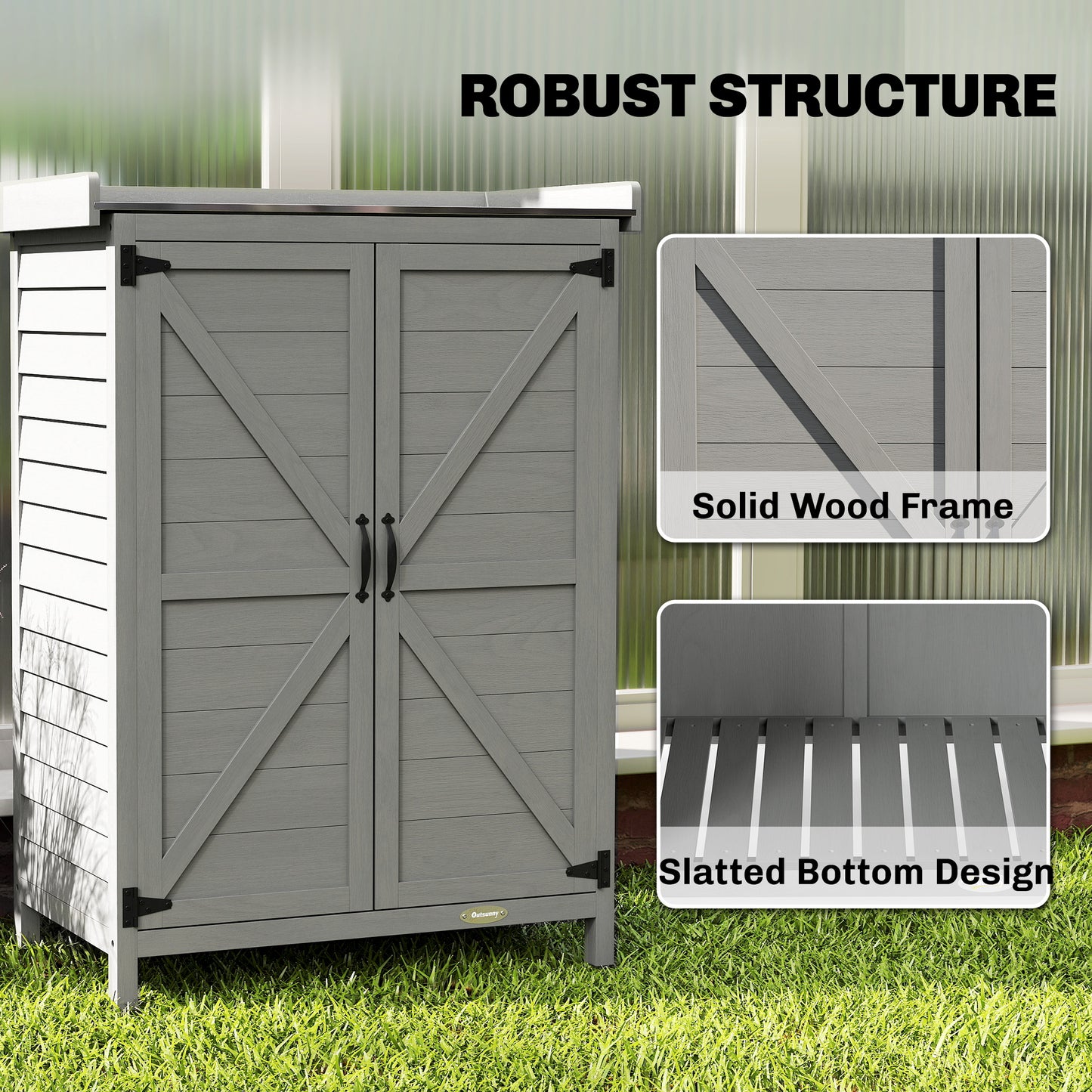 Outsunny Wooden Garden Shed With Potting Table And Shelving For Tool Storage Side Hooks 71.5 x 39 x 95 cm Grey