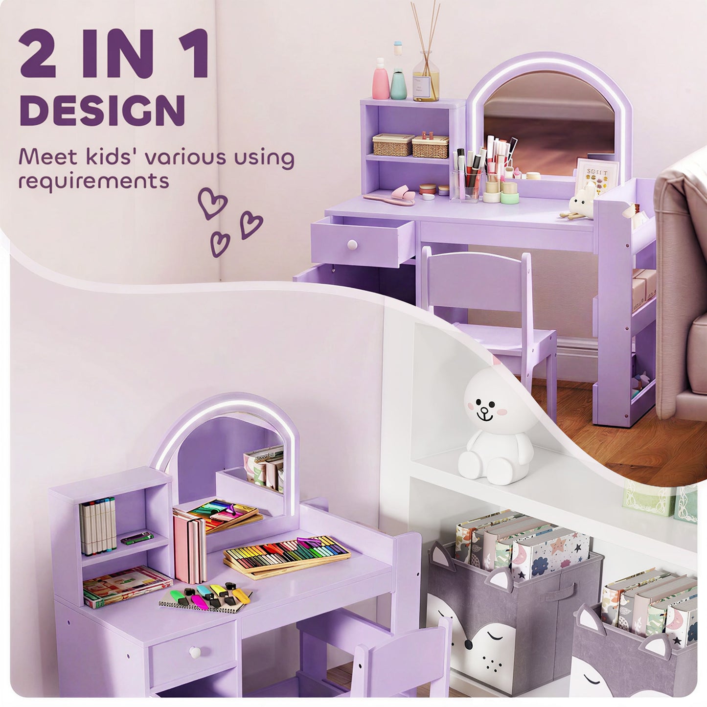 Kids Vanity Table Chair Set Led Mirror Storage Cabinet Purple