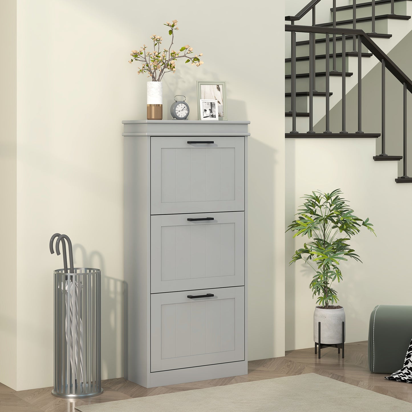 HOMCOM Three Drawer Minimalistic Shoe Cabinet Grey With Adjustable Shelves For 15 Pairs Of Shoes