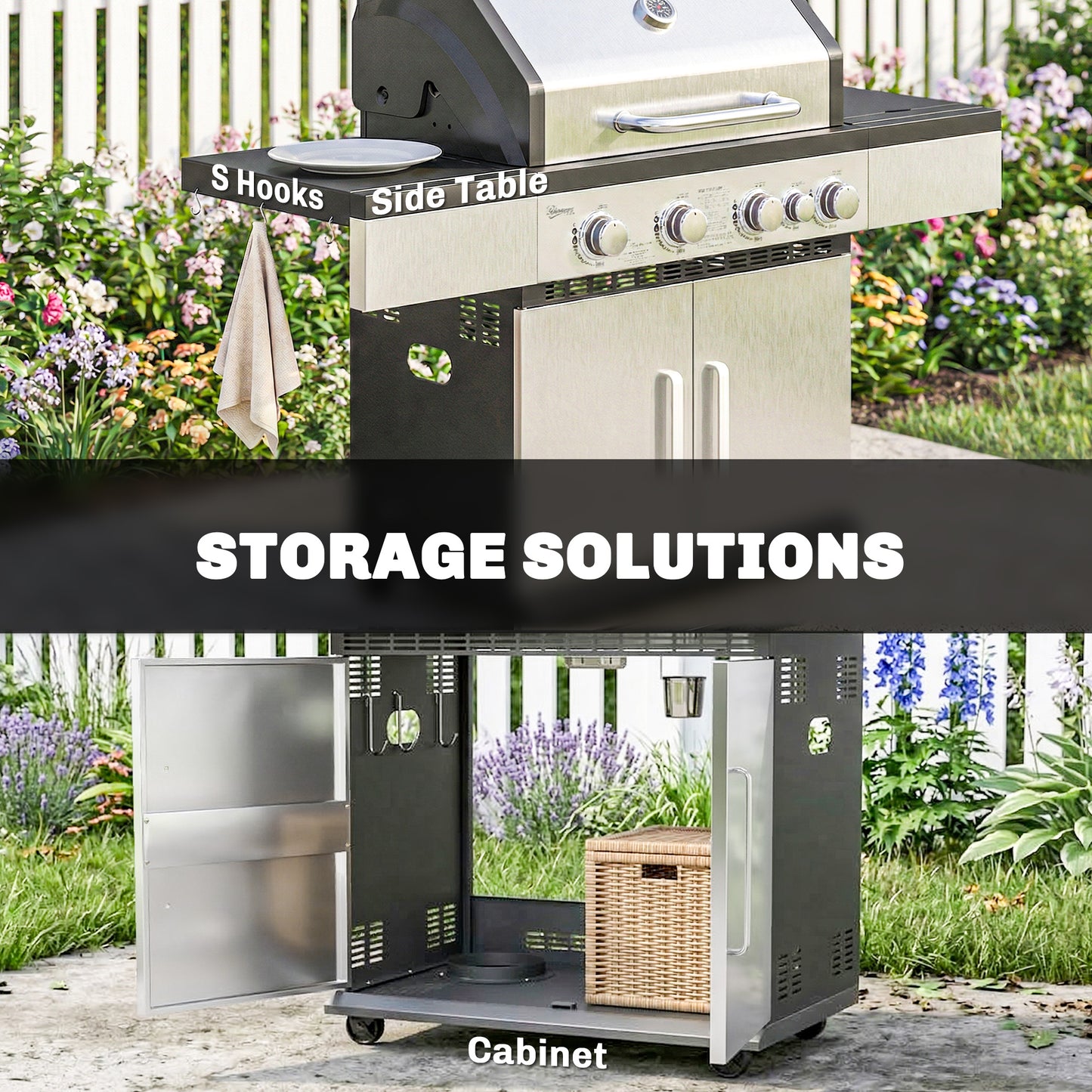 Outsunny 5 Burner Gas BBQ Grill Portable With Side Burner Warming Rack Side Shelf And Storage Cabinet
