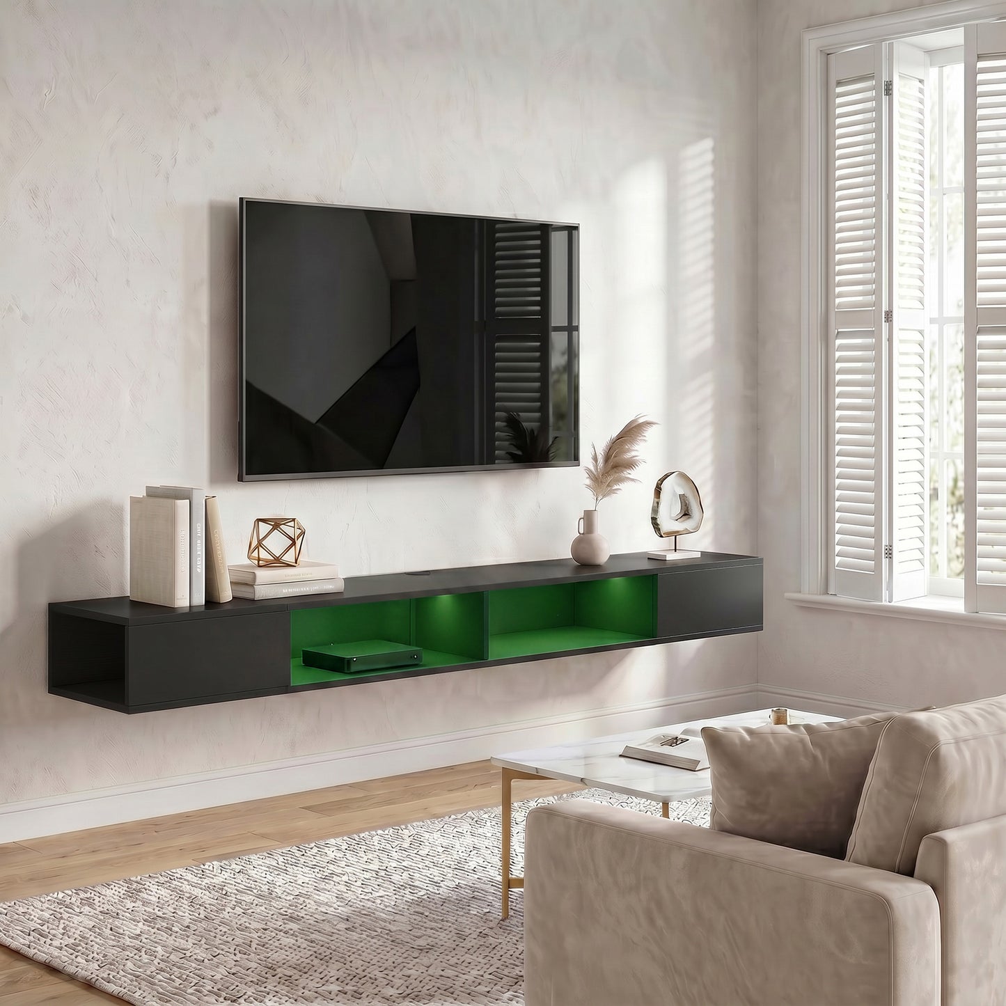HOMCOM Wall Mounted TV Stand With RGB LED Lights For 75 Inch TV Black Floating Entertainment Centre