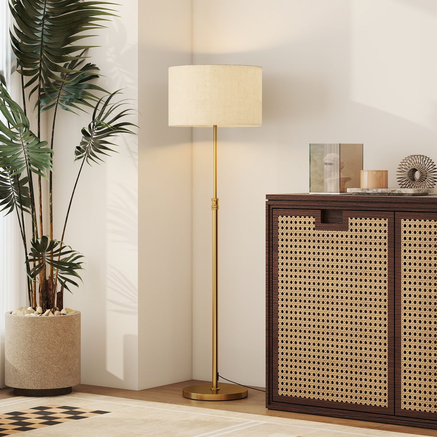 HOMCOM Floor Lamp With Remote And Dimmable Colour Temperature 3000K-6000K, Height Adjustable Linen Shade, Gold Tone