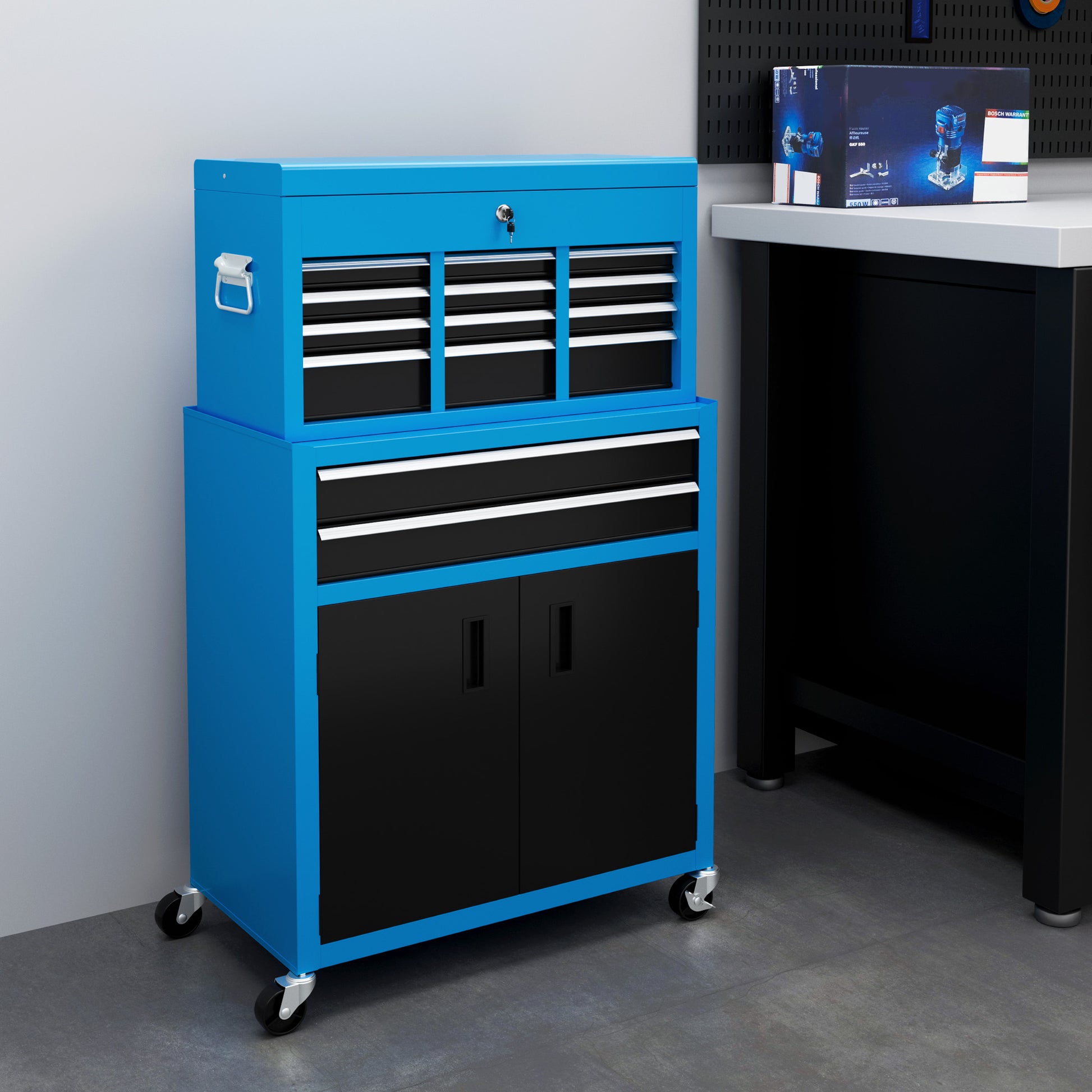 HOMCOM Blue Metal Rolling Tool Chest with 6 Drawers and Lockable Cabinet for Garage and Workshop - ALL4U RETAILER LTD