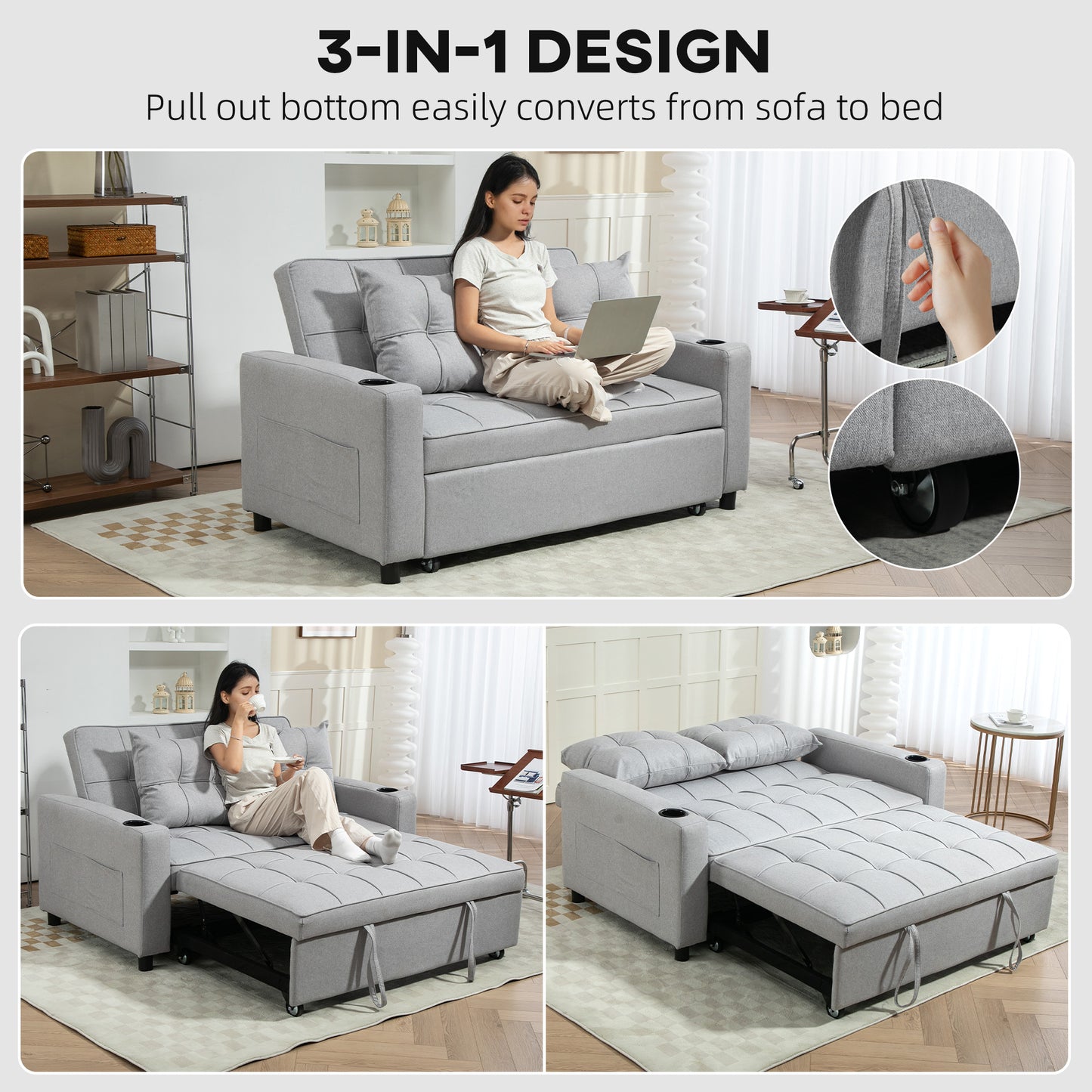 HOMCOM Two Seater Pull Out Sofa Bed Light Grey Click Clack With Three Level Adjustable Back Linen Look Upholstery