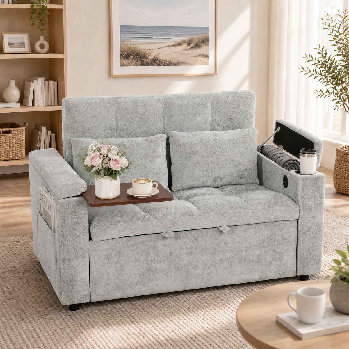 Grey 2-seater sofa bed in sofa mode with side armrest storage pockets
