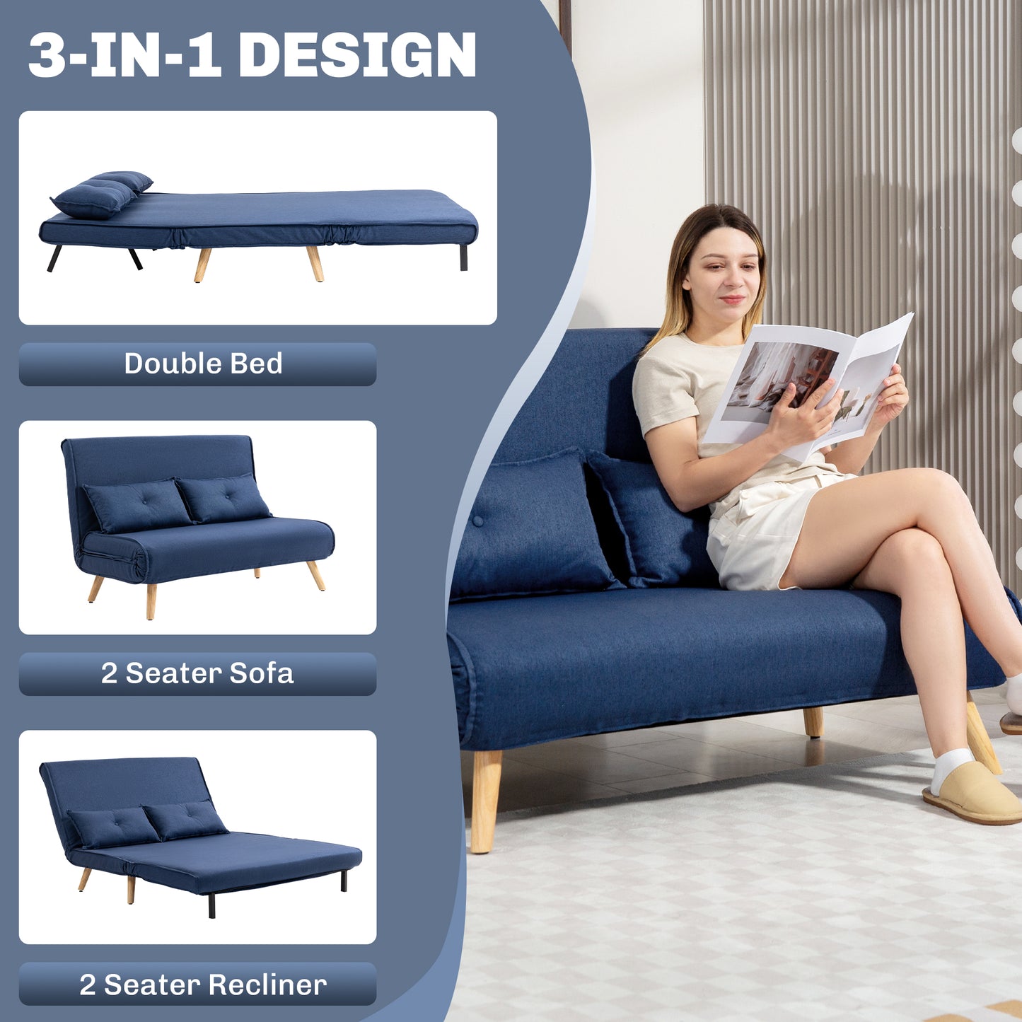 HOMCOM Two Seater Linen Look Sofa Bed Dark Blue With Click Clack Mechanism For Day And Night Comfort