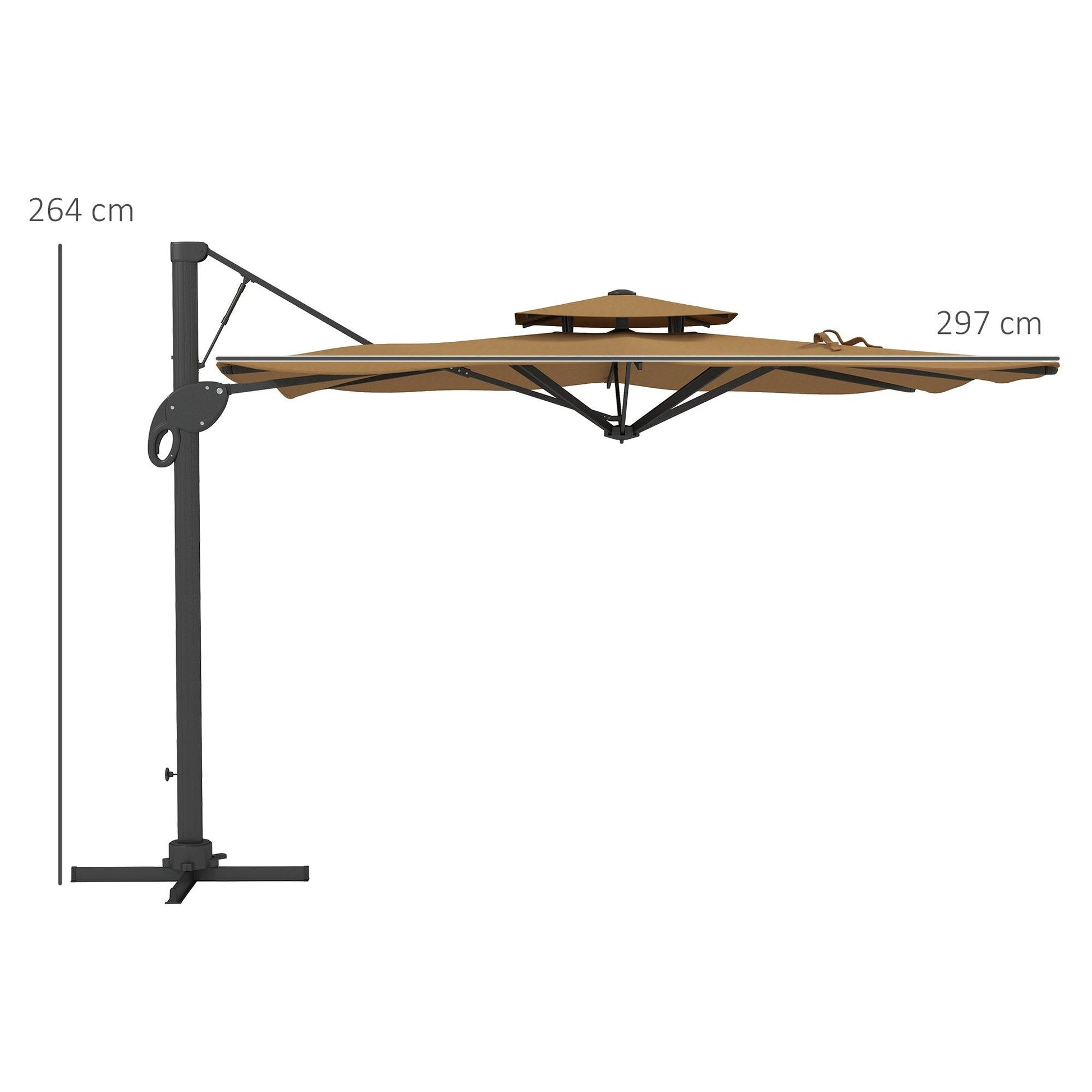 Outsunny Garden Parasol, 3(m) Cantilever Parasol with Hydraulic Mechanism, Dual Vented Top, 8 Ribs, Cross Base, Khaki - ALL4U RETAILER LTD