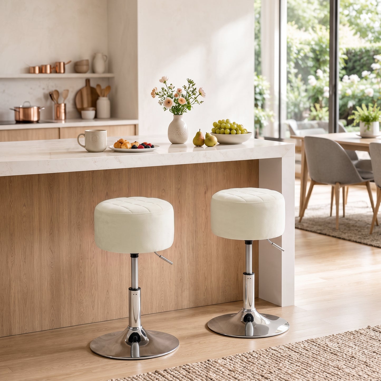 Homcom Adjustable Height Bar Stool Swivel Velvet Seat Kitchen Beige