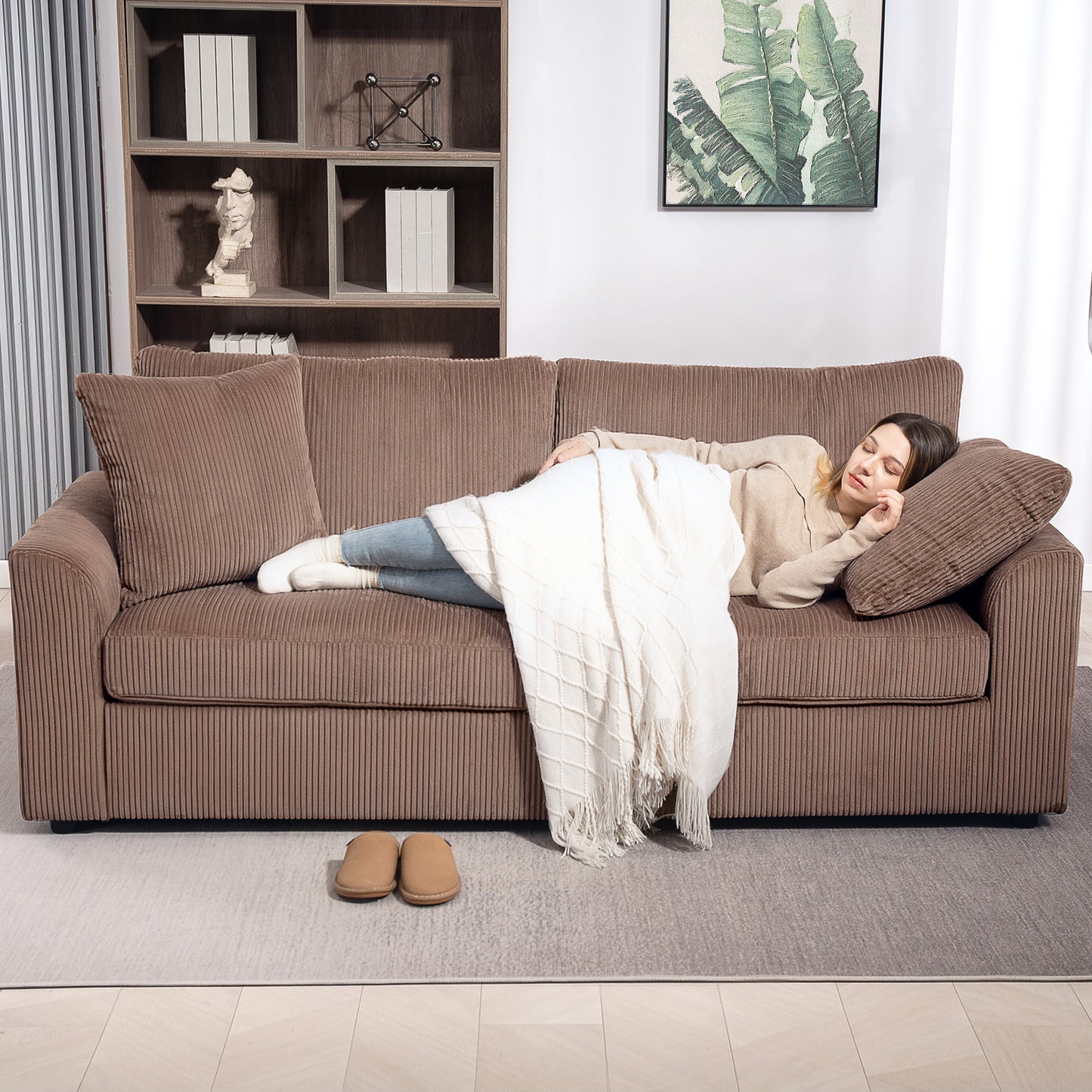 HOMCOM Modern 3 Seater Sofa With Spring Cushion 212 cm Fabric Jumbo Corduroy Couch With Scatter Cushions For Living Room