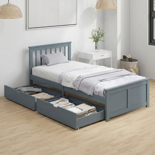 HOMCOM Pine Storage Bed 3ft Single Solid Wooden Bed Frame With Drawers Headboard Wood Slat Support Grey