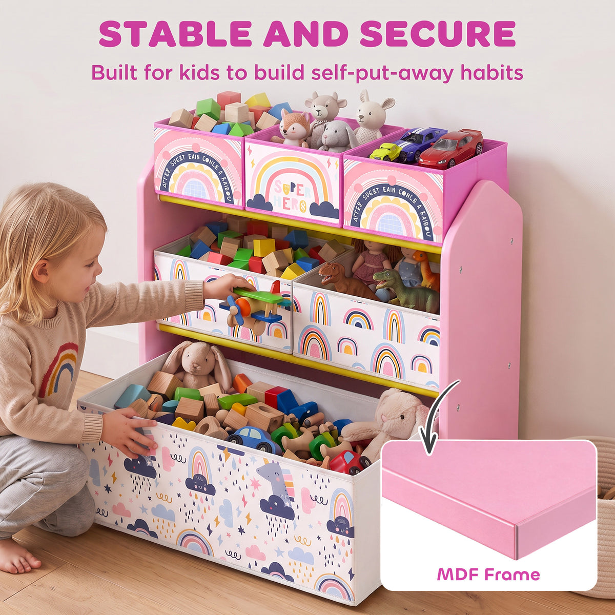 Pink kids toy storage rack with six fabric bins, open compartments, MDF frame detail