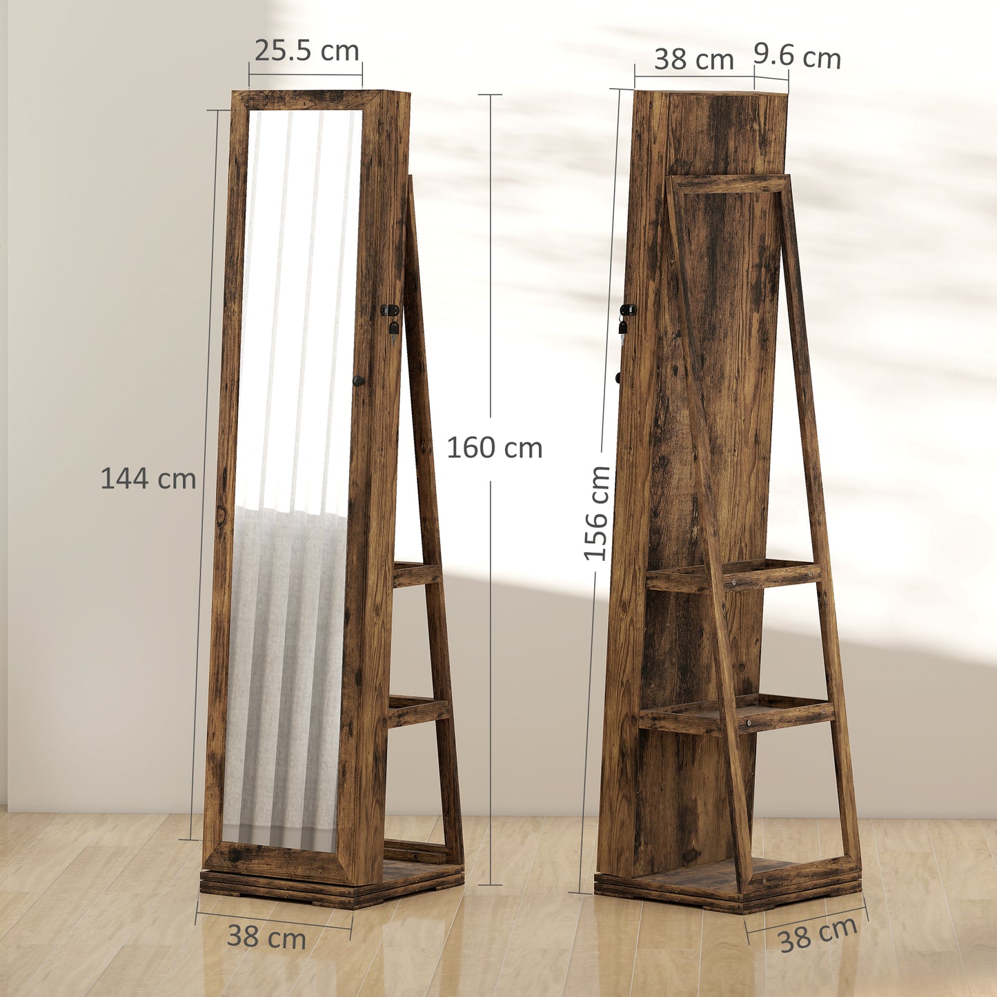 HOMCOM 360 Degree Swivel Jewellery Cabinet With Free Standing Full Length Makeup Mirror And Lockable Jewellery Organizer