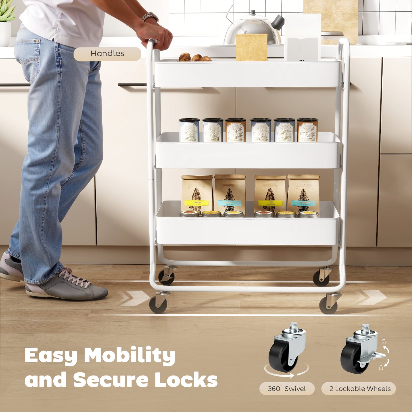 HOMCOM 3 Tier Storage Trolley on Wheels Rolling Utility Cart with Mesh Baskets for Kitchen Bathroom and Bedroom White