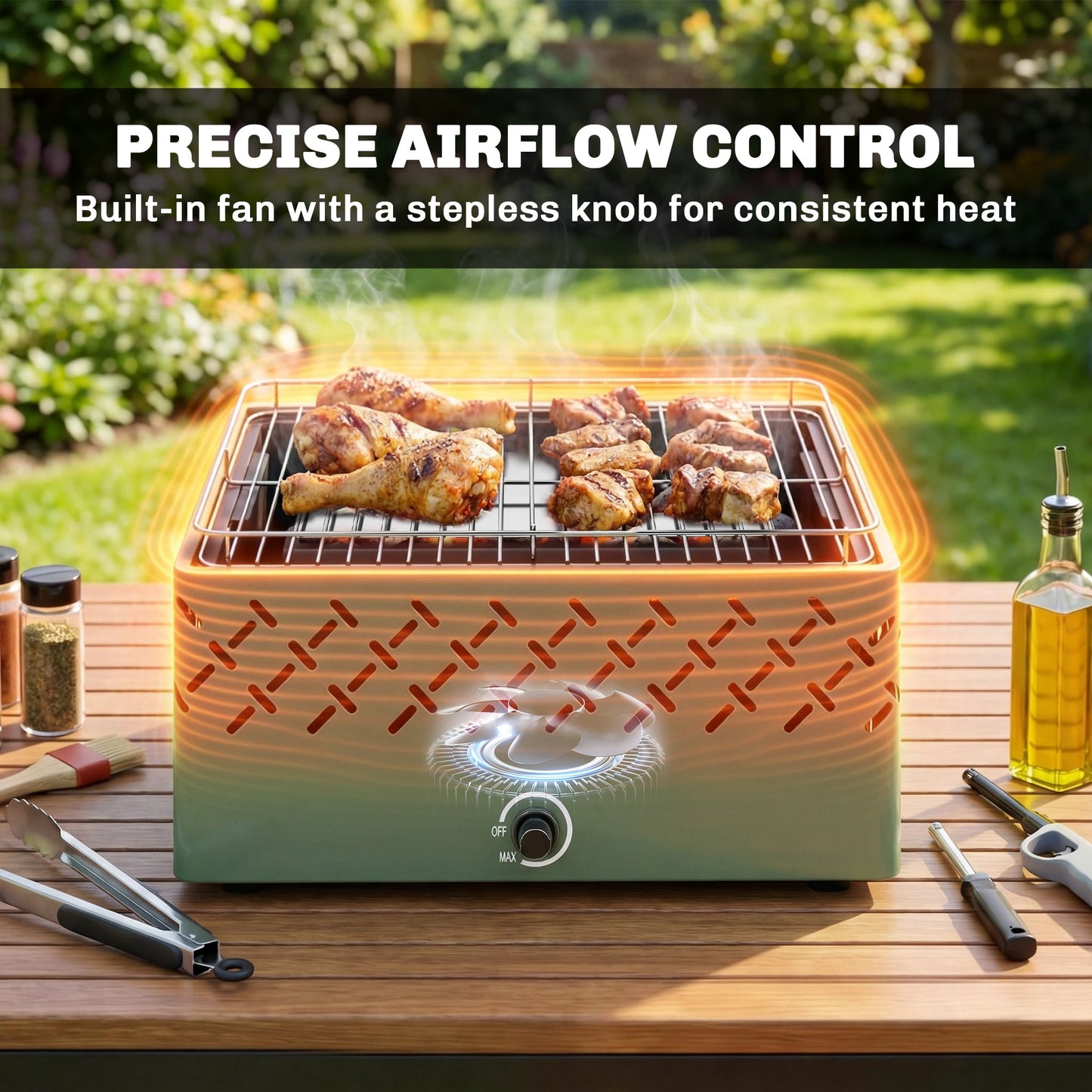 Outsunny Portable Charcoal BBQ Grill With Built In Fan Battery Powered For Camping Picnics Light Green