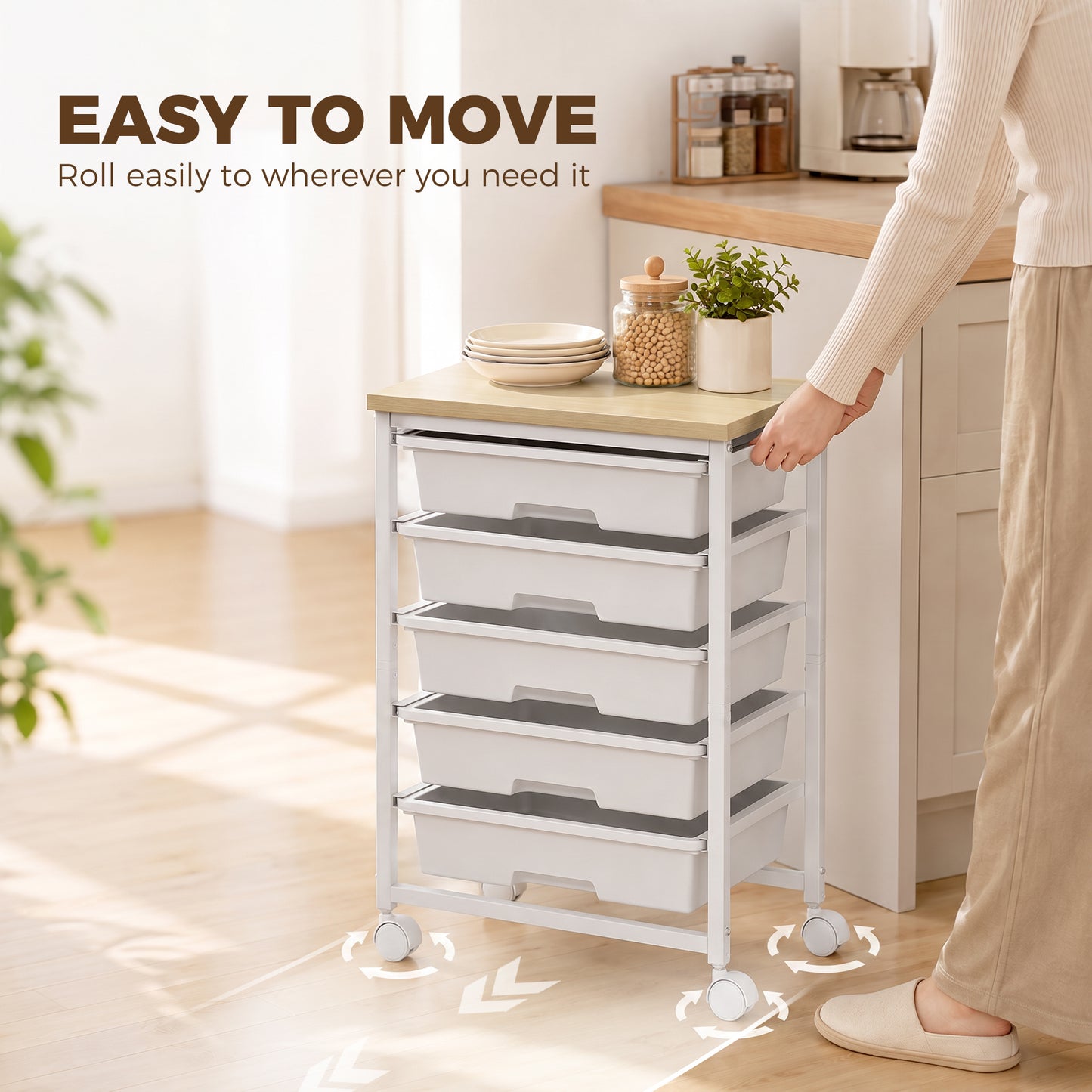 HOMCOM 6 Tier Storage Trolley On Wheels With 5 Drawers
