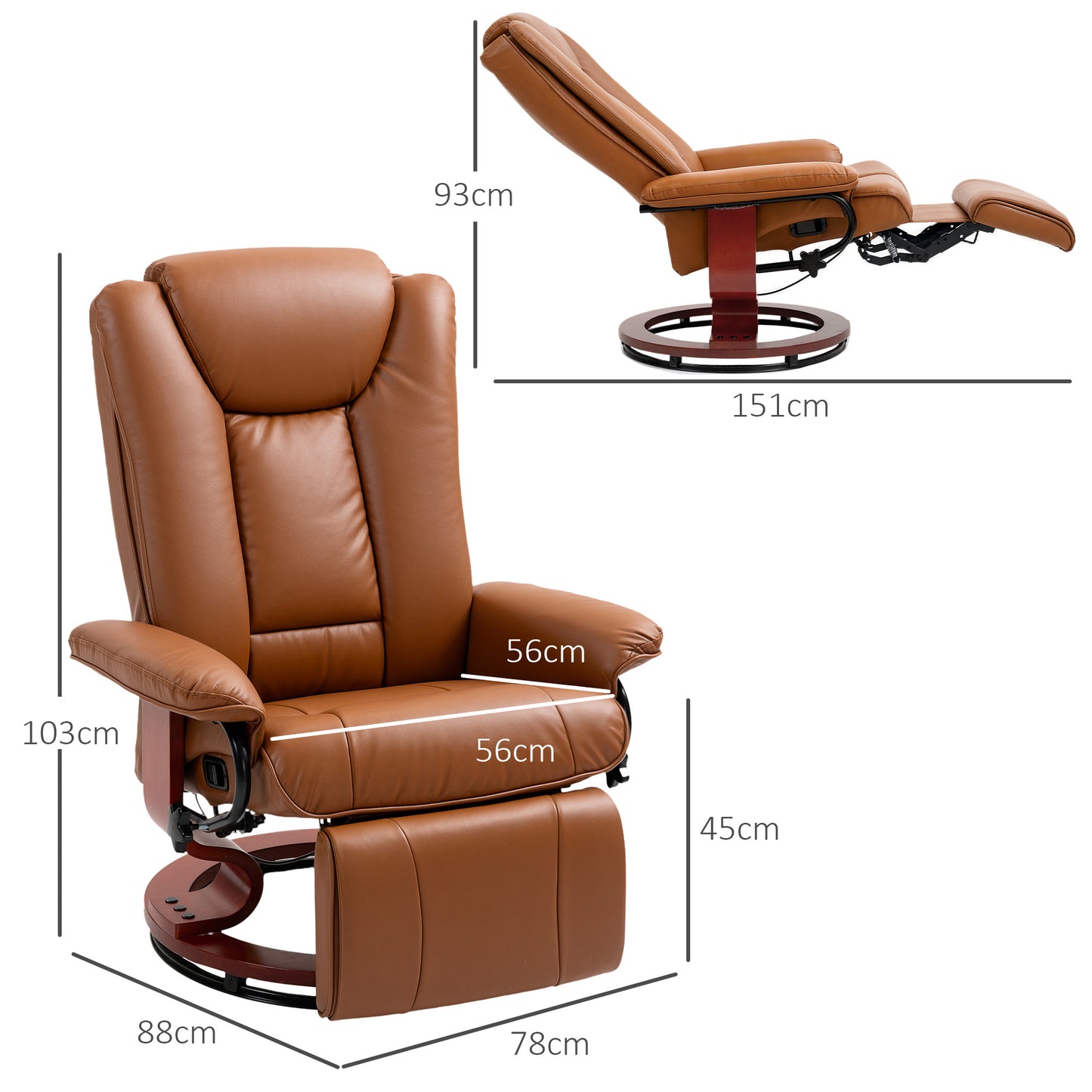 HOMCOM Faux Leather Recliner Chair Brown With 135 Degree Recline Built In Footrest And 360 Degree Swivel