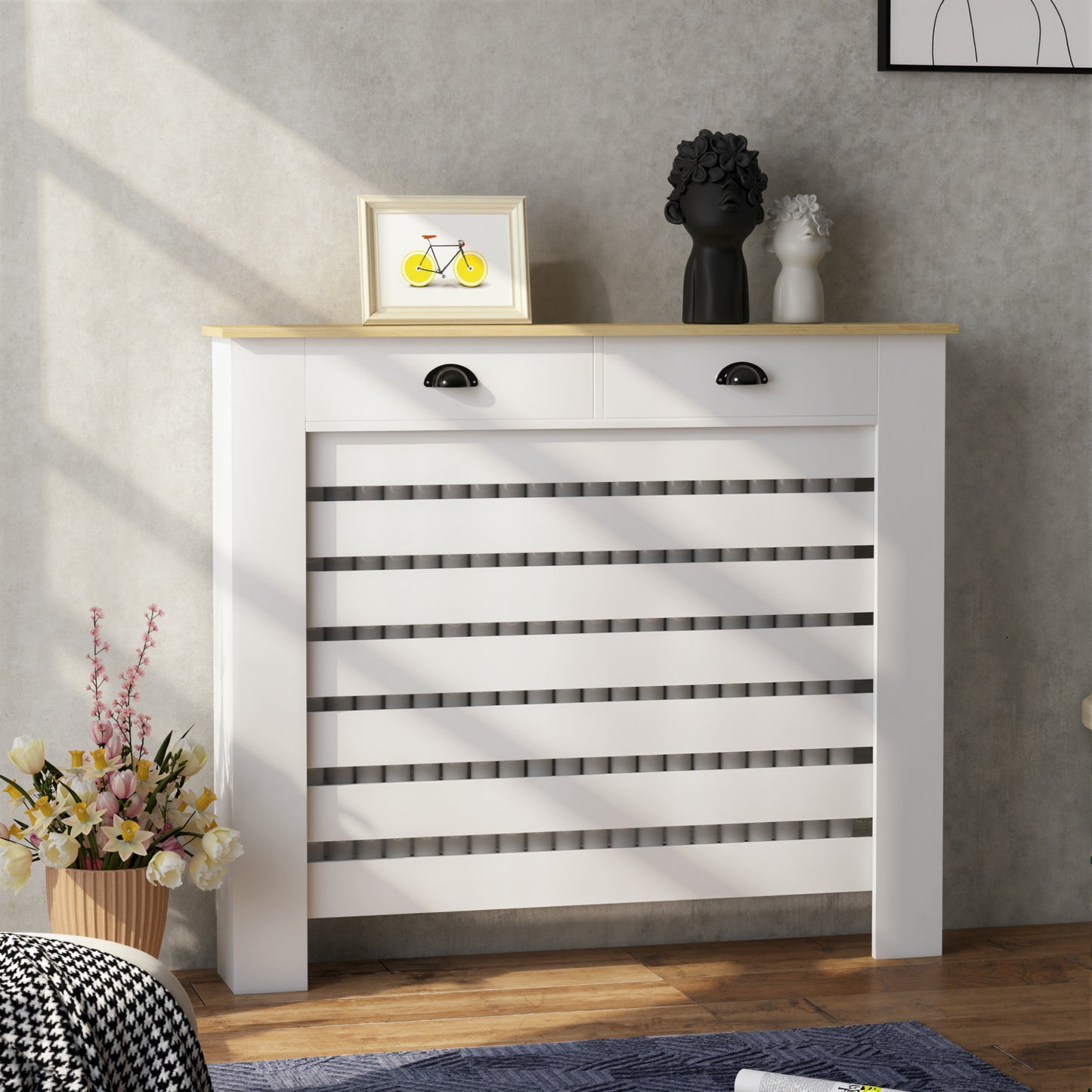 HOMCOM Slim Radiator Cover With Drawer White Slatted Design 95.5 H x 111 W cm MDF and Particle Board
