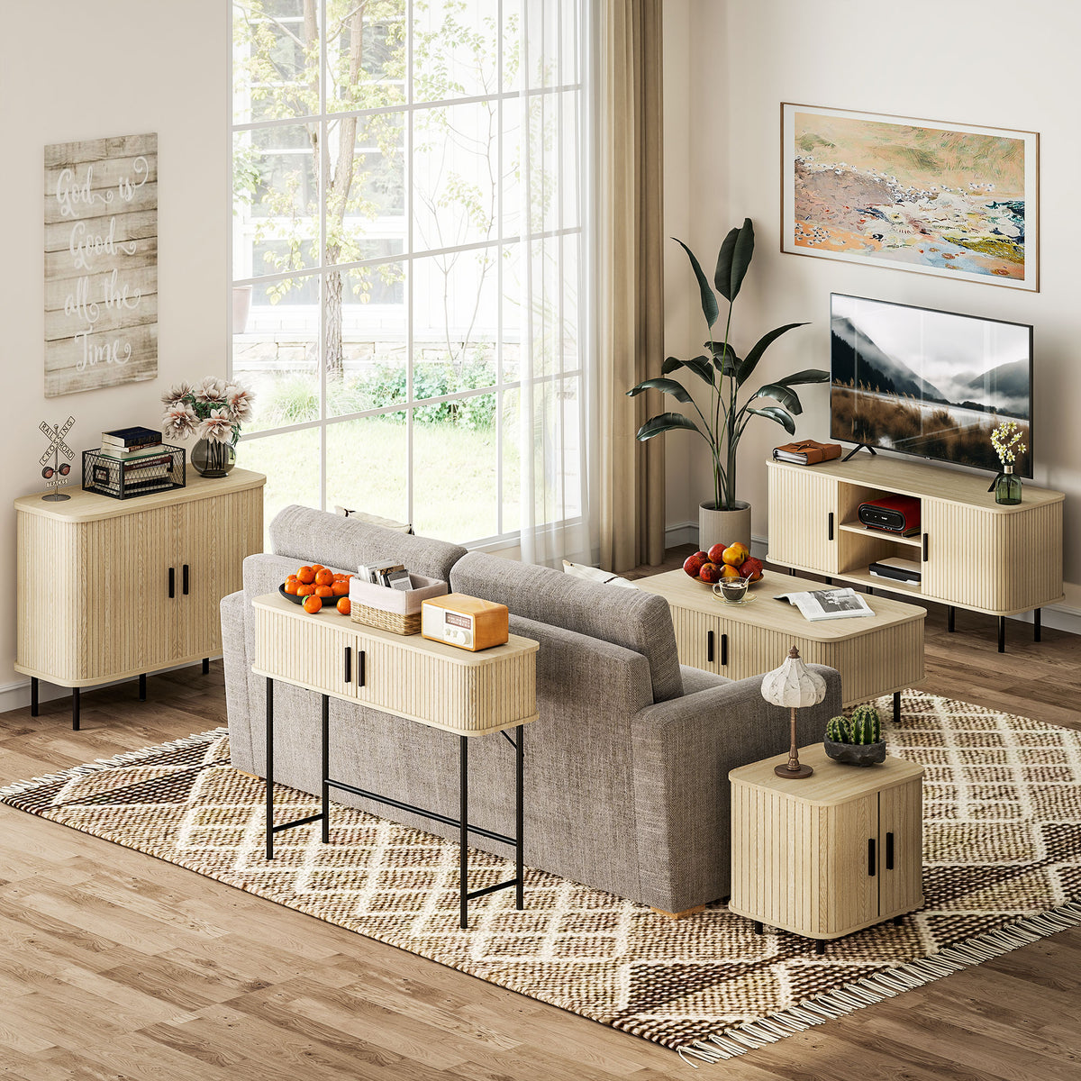 Light wood console table with two sliding doors and black frame beside living room seating