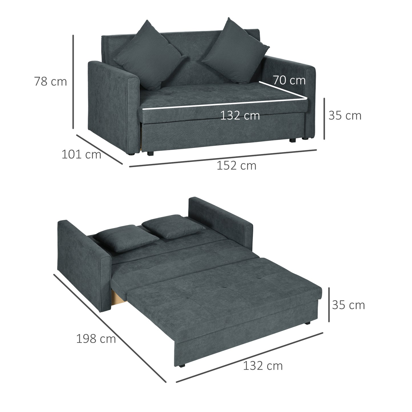 HOMCOM 2 Seater Sofa Bed Convertible Settee Modern Fabric Loveseat Couch w 2 Cushions Hidden Storage Guest Room Dark Grey - ALL4U RETAILER LTD