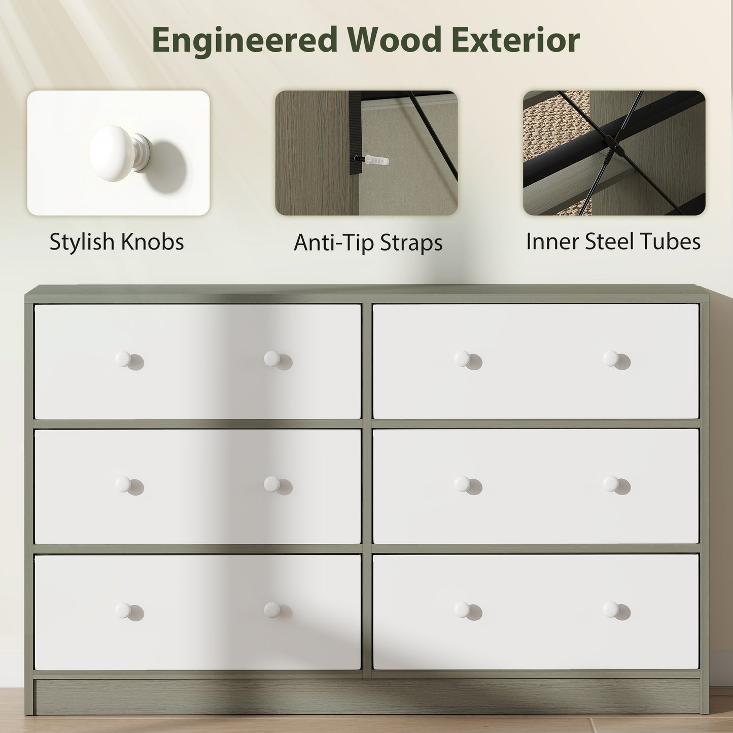 HOMCOM Six Drawer Fabric Dresser Chest White and Grey Wood Effect MDF and Steel Frame