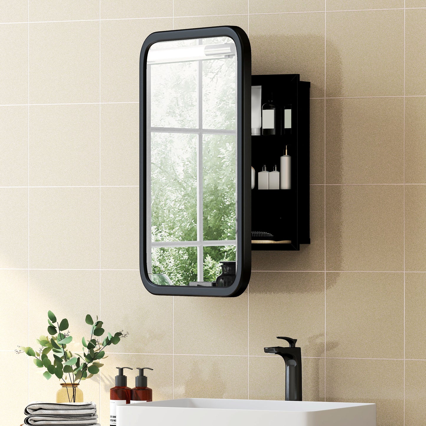 HOMCOM Bathroom Wall Cabinet With Tempered Mirror And Metal Frame For Bathroom Storage 3 Shelves Black
