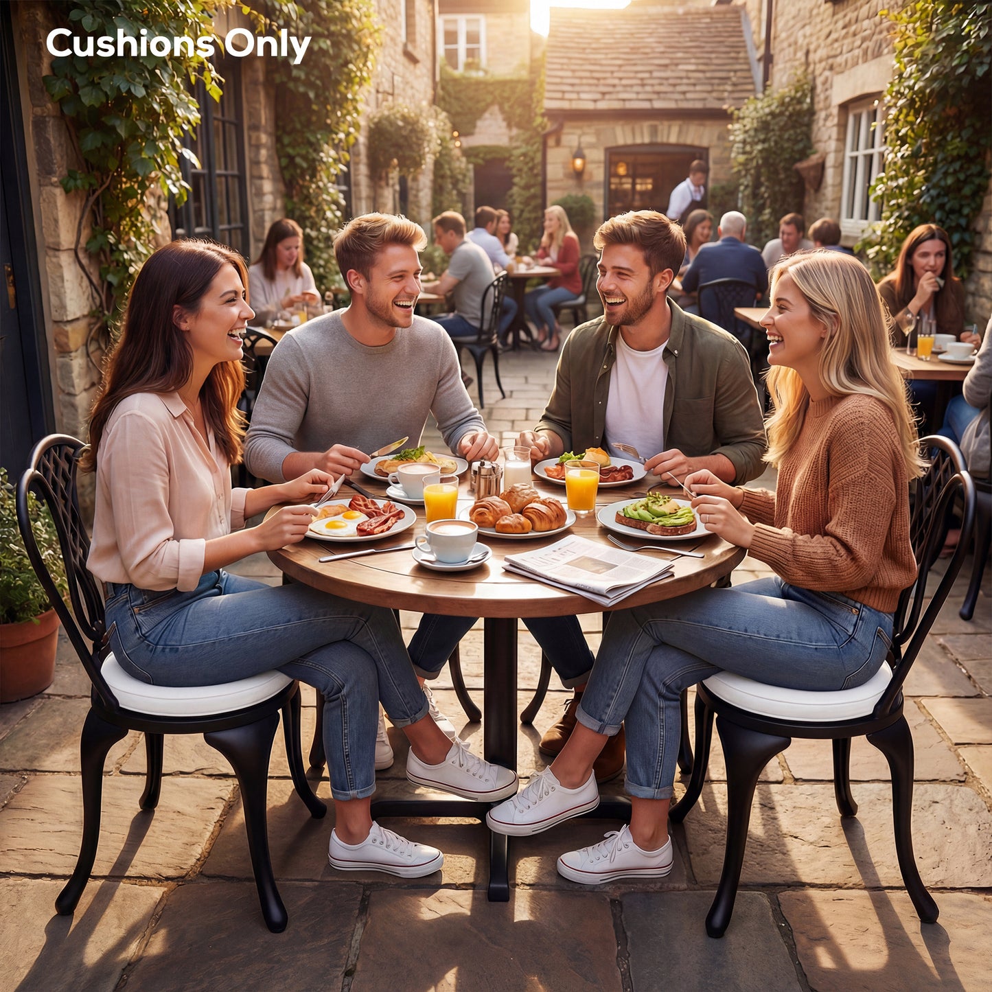 Outsunny Outdoor Bistro Chair Cushions Set of 4 With Removable Covers 41x41x5 cm Round Seat Cushions With Ties White