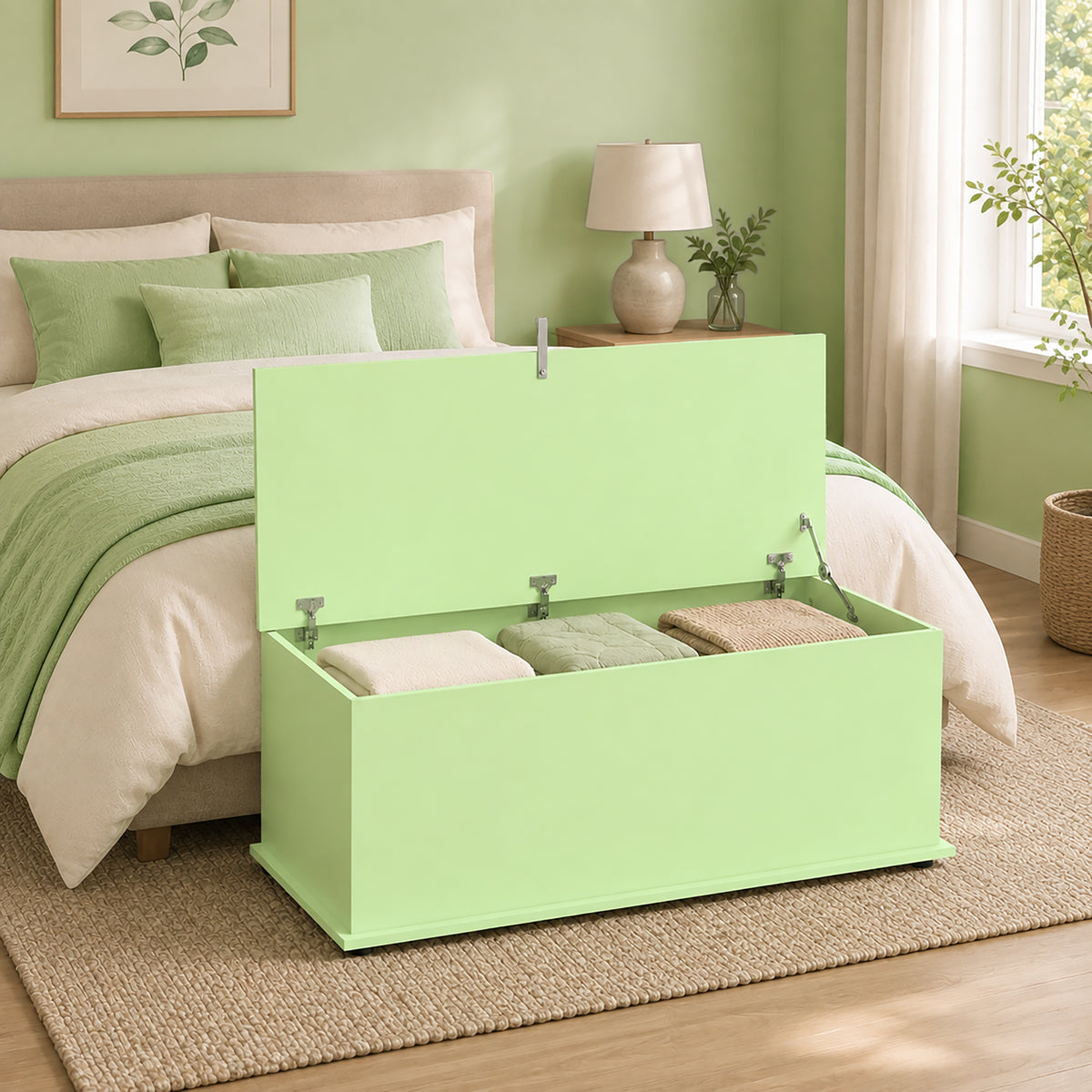 Homcom 114L Green Wooden Storage Bench With Safety Hinge For Home