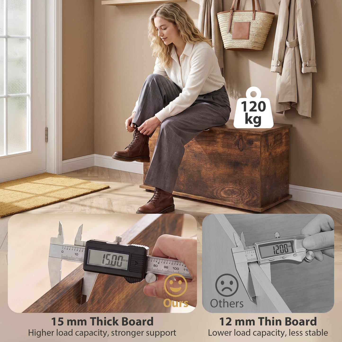 HOMCOM Rustic Brown Storage Bench 102L Blanket Box With Safety Hinged Lid And Shoe Holder