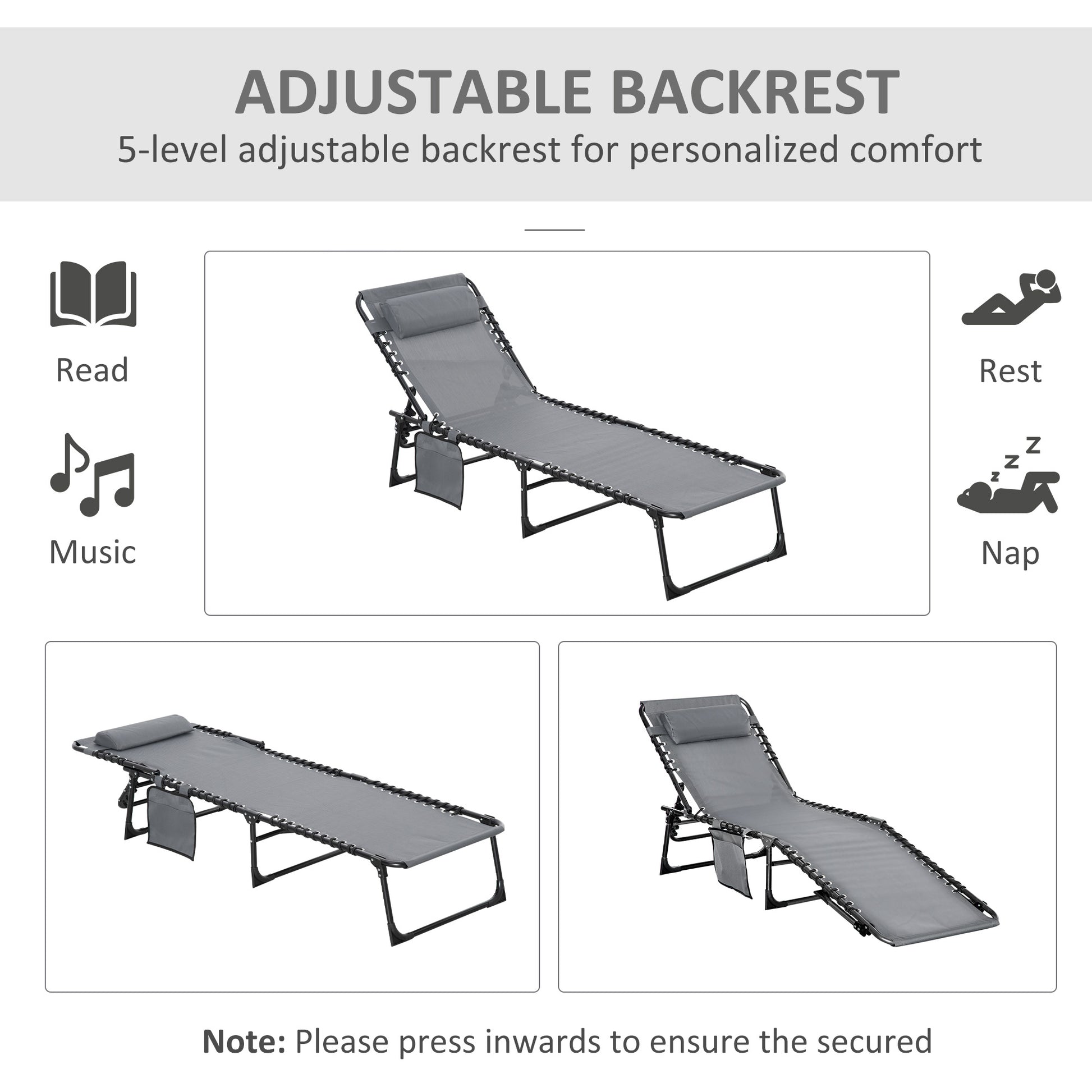 Outsunny Foldable Outdoor Lounge Chairs Set of 2 with Adjustable Backrest and Side Pocket, Portable Recliner with Pillow for Garden Beach Pool, Grey - ALL4U RETAILER LTD