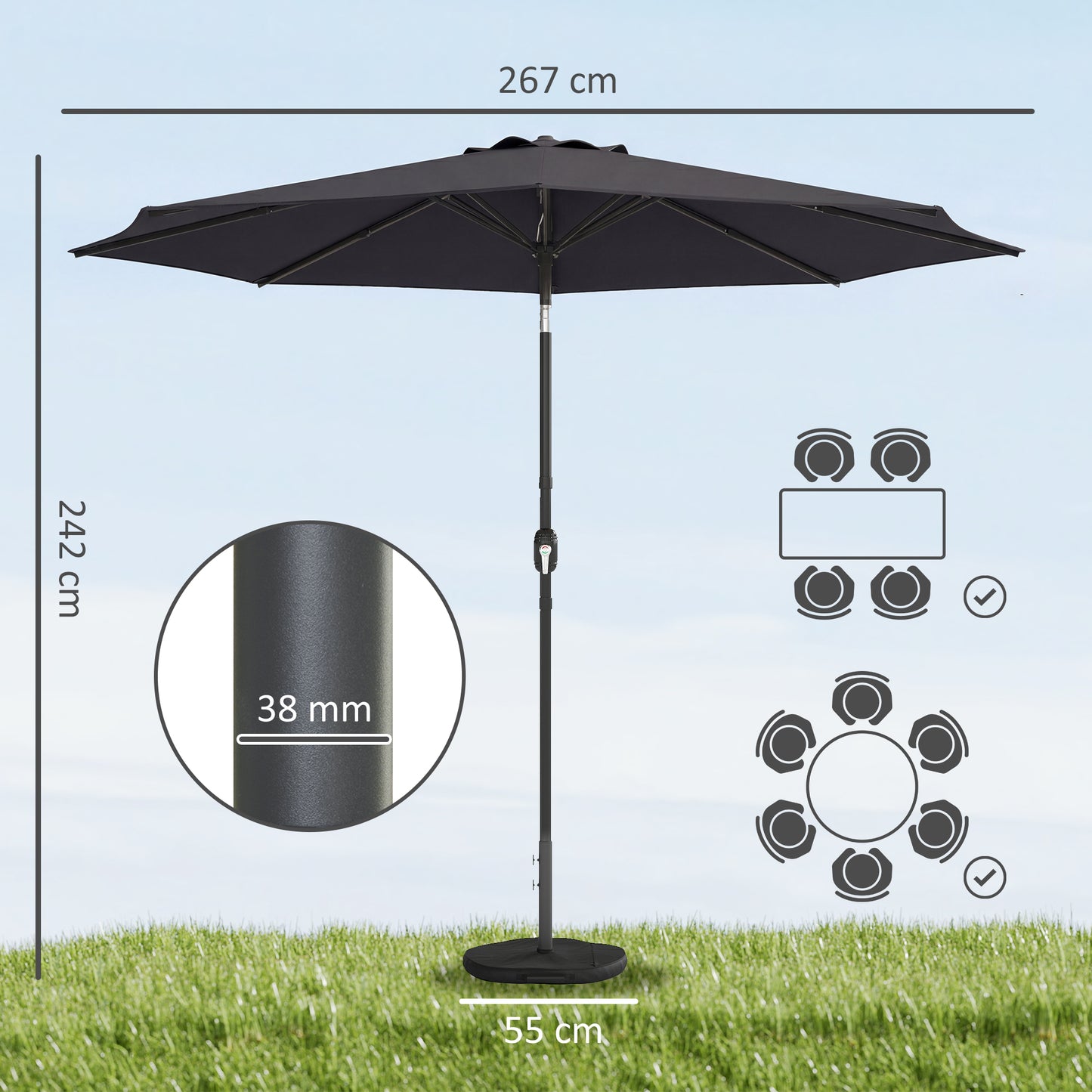 Outsunny 2.7 m Garden Parasol Umbrella With Cross Base And Sandbag Retractable Ribs Outdoor Market Umbrella Black