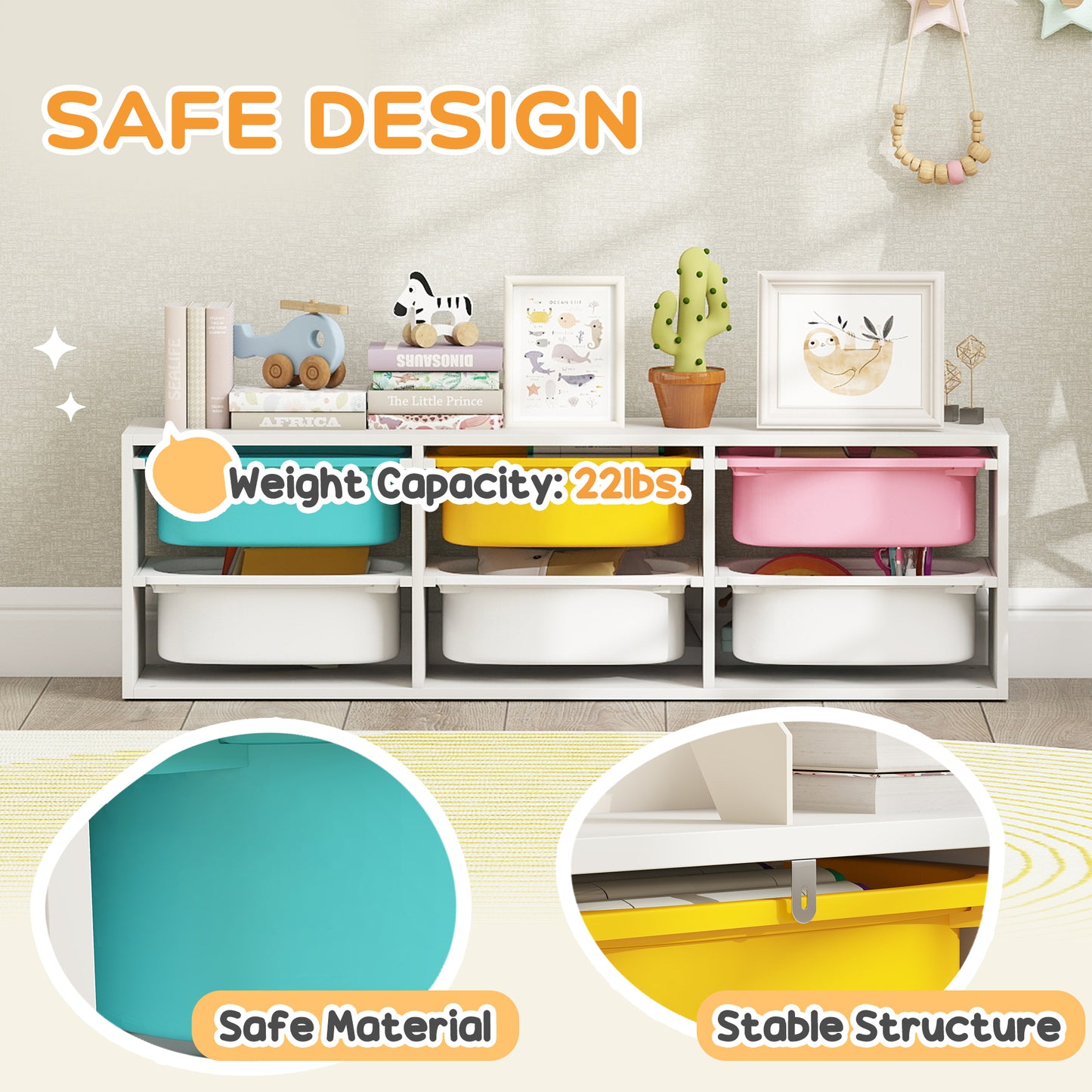 AIYAPLAY Low Height Two Tier Toy Storage Organiser With Six Removable Bins For Kids Bedroom Nursery Playroom