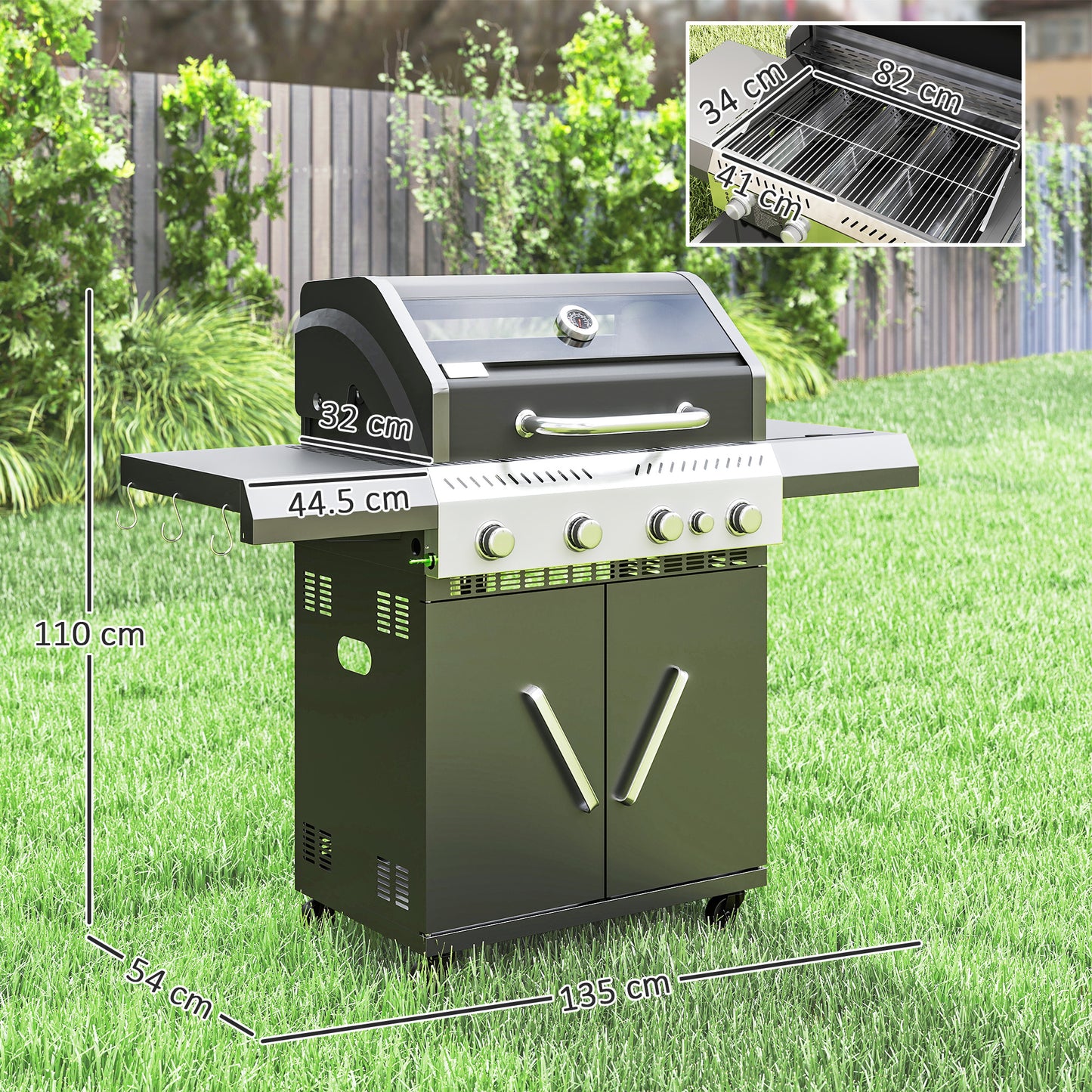 Outsunny 4 Plus 1 Burner Gas BBQ Grill With Clear View Lid Barbecue Grill Builtin Thermometer Side Table Cabinet Wheels