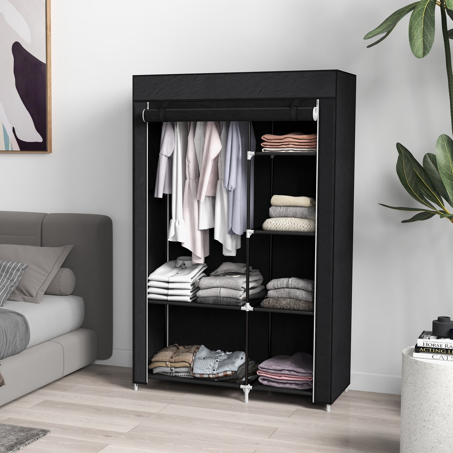 HOMCOM Portable Black Fabric Wardrobe with 6 Shelves and Hanging Rail - 103 x 43 x 162.5 cm - ALL4U RETAILER LTD